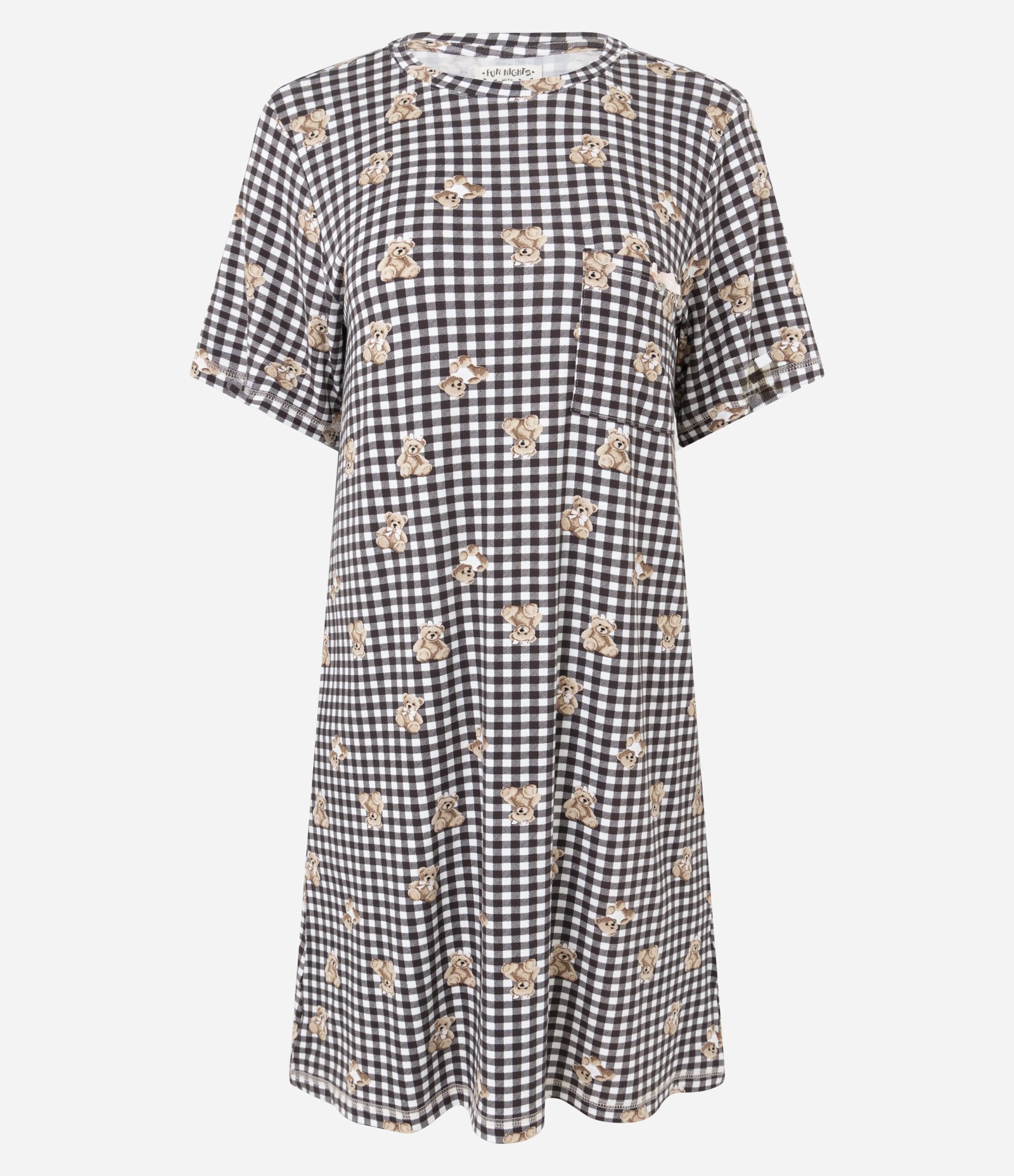 Camisola Curta em Viscolycra com Estampa Xadrez Vichy e Ursinhos Branco/ Marrom 3