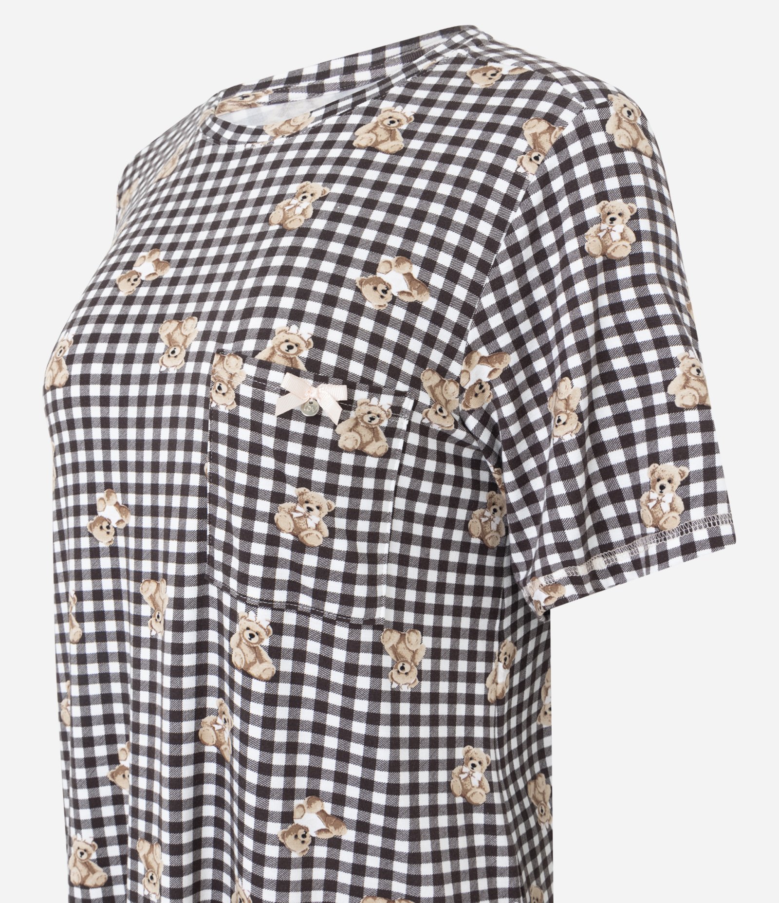 Camisola Curta em Viscolycra com Estampa Xadrez Vichy e Ursinhos Branco/ Marrom 4