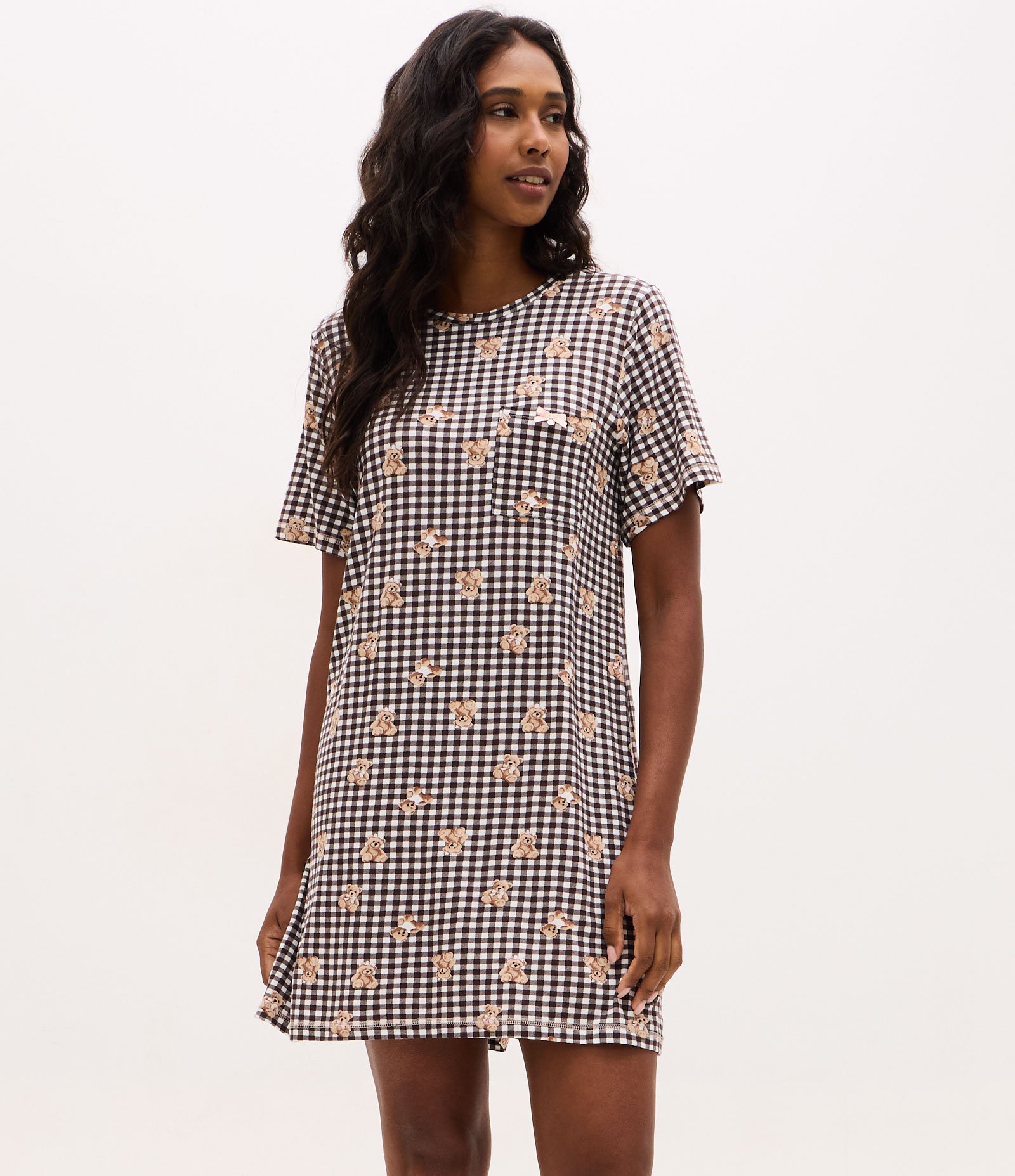 Camisola Curta em Viscolycra com Estampa Xadrez Vichy e Ursinhos Branco/ Marrom 1