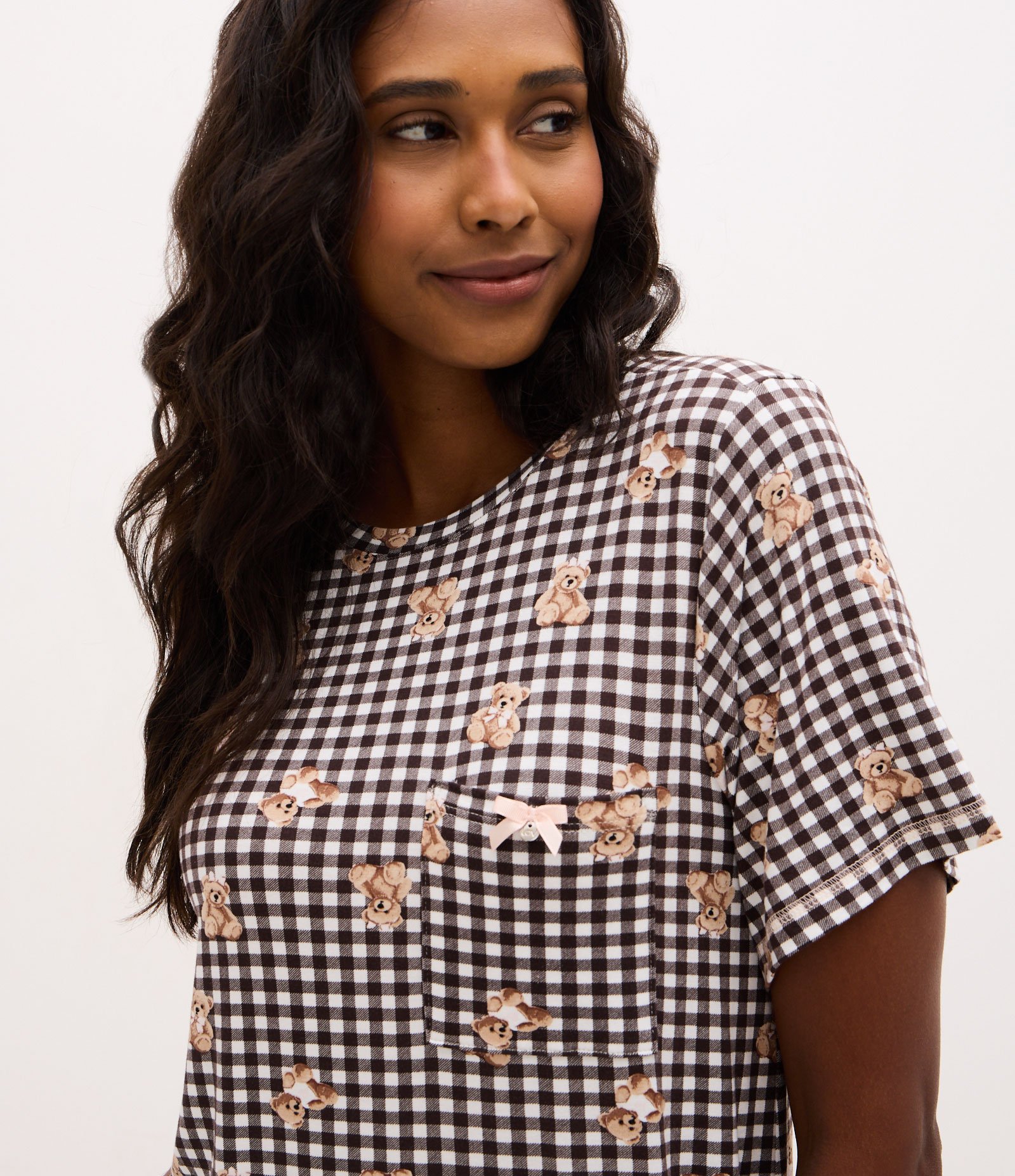 Camisola Curta em Viscolycra com Estampa Xadrez Vichy e Ursinhos Branco/ Marrom 2