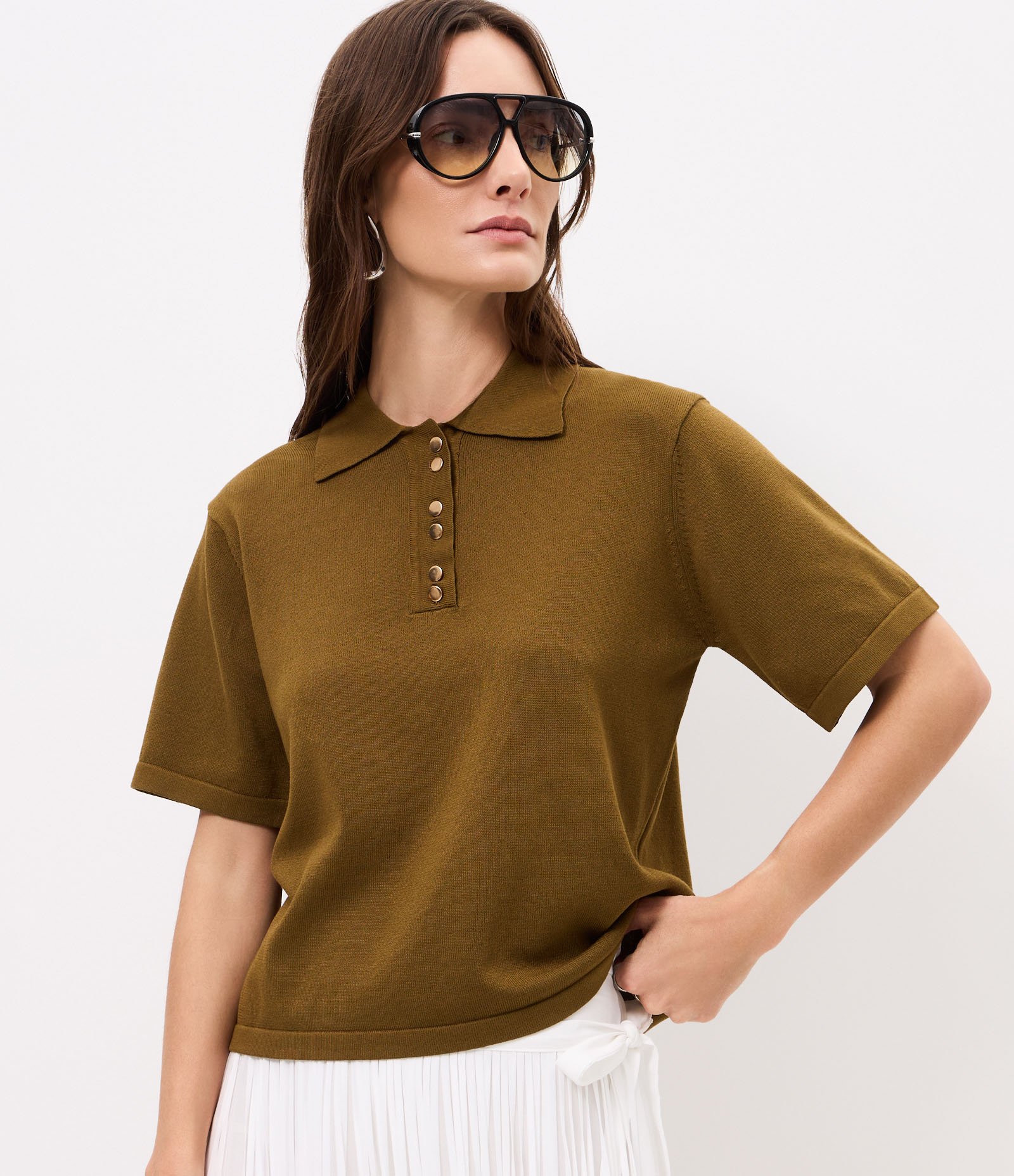 Blusa Curta em Tricô com Abotoamento Frontal Verde 1