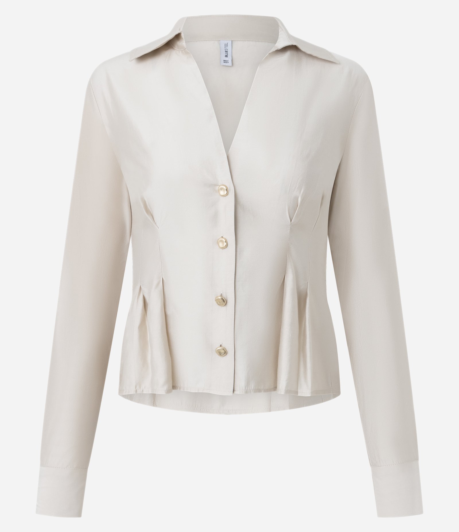 Camisa Regular Manga Longa em Cetim com Pregas Off White 1