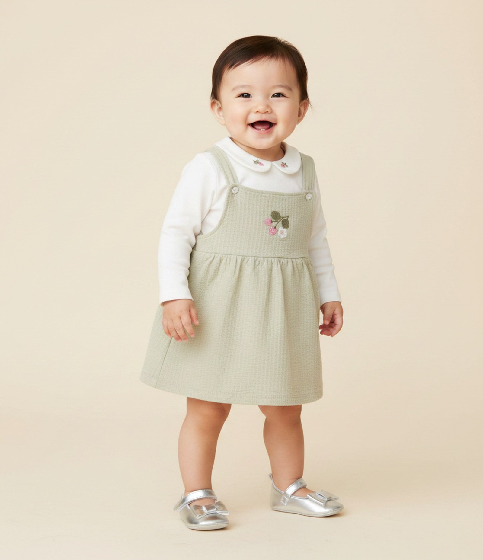 Conjunto Bebê Body e Salopete em Algodão com Bordado Floral – Tam 0 a 18 Meses Bege/Off White 1