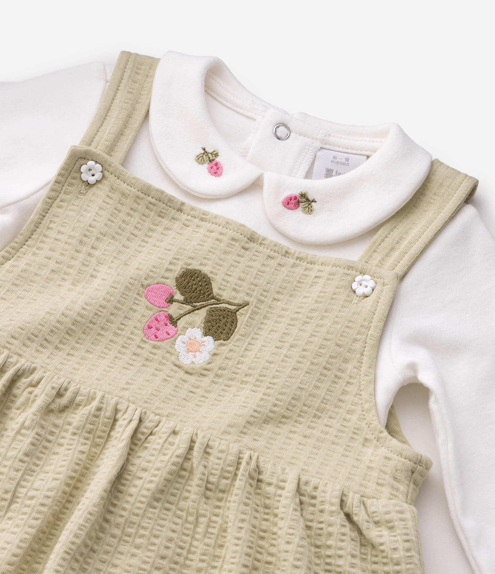 Conjunto Bebê Body e Salopete em Algodão com Bordado Floral – Tam 0 a 18 Meses Bege/Off White 5