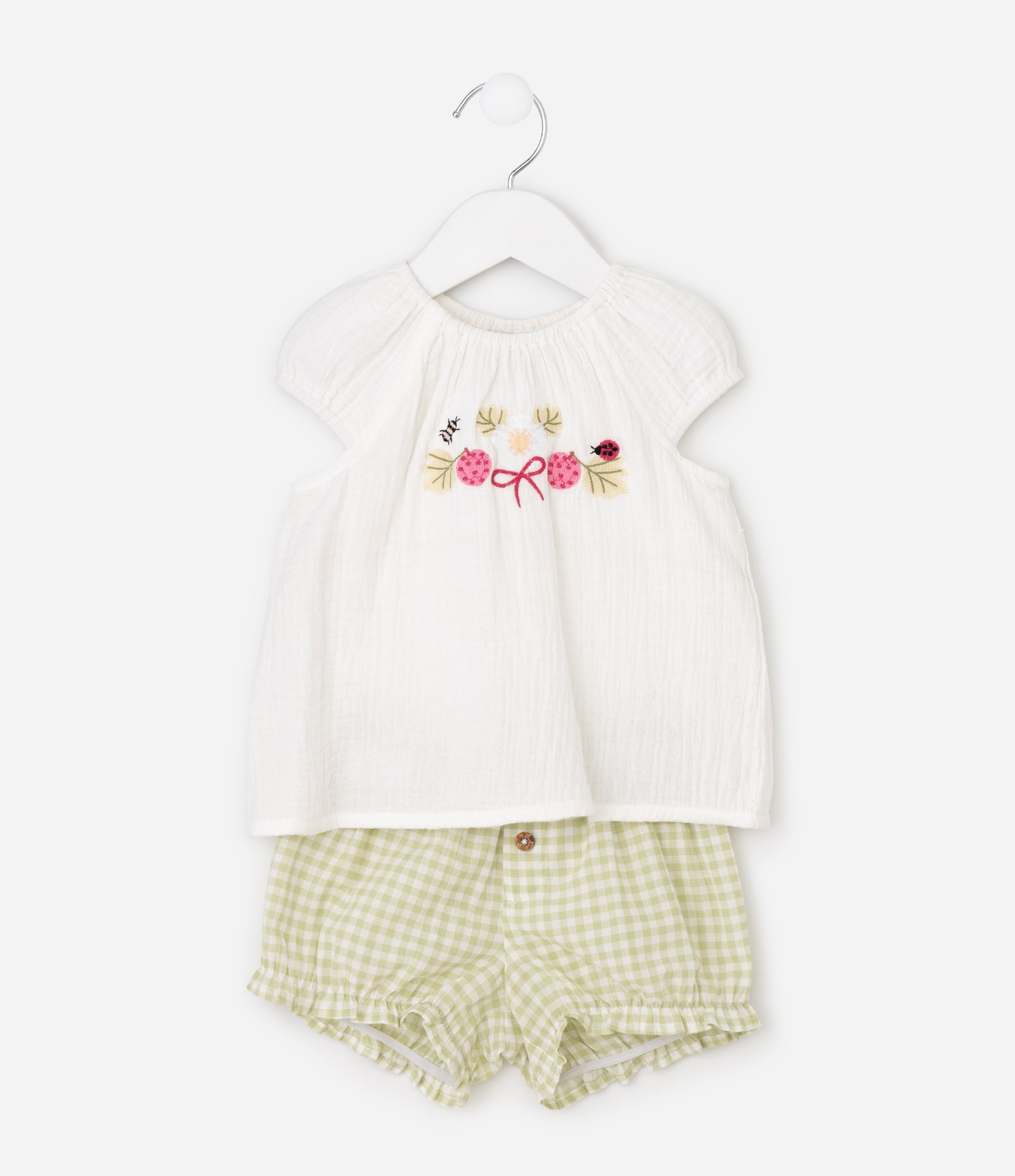 Conjunto Bebê Bata Bordada e Short Vichy - Tam 3 a 18 Meses Branco 2
