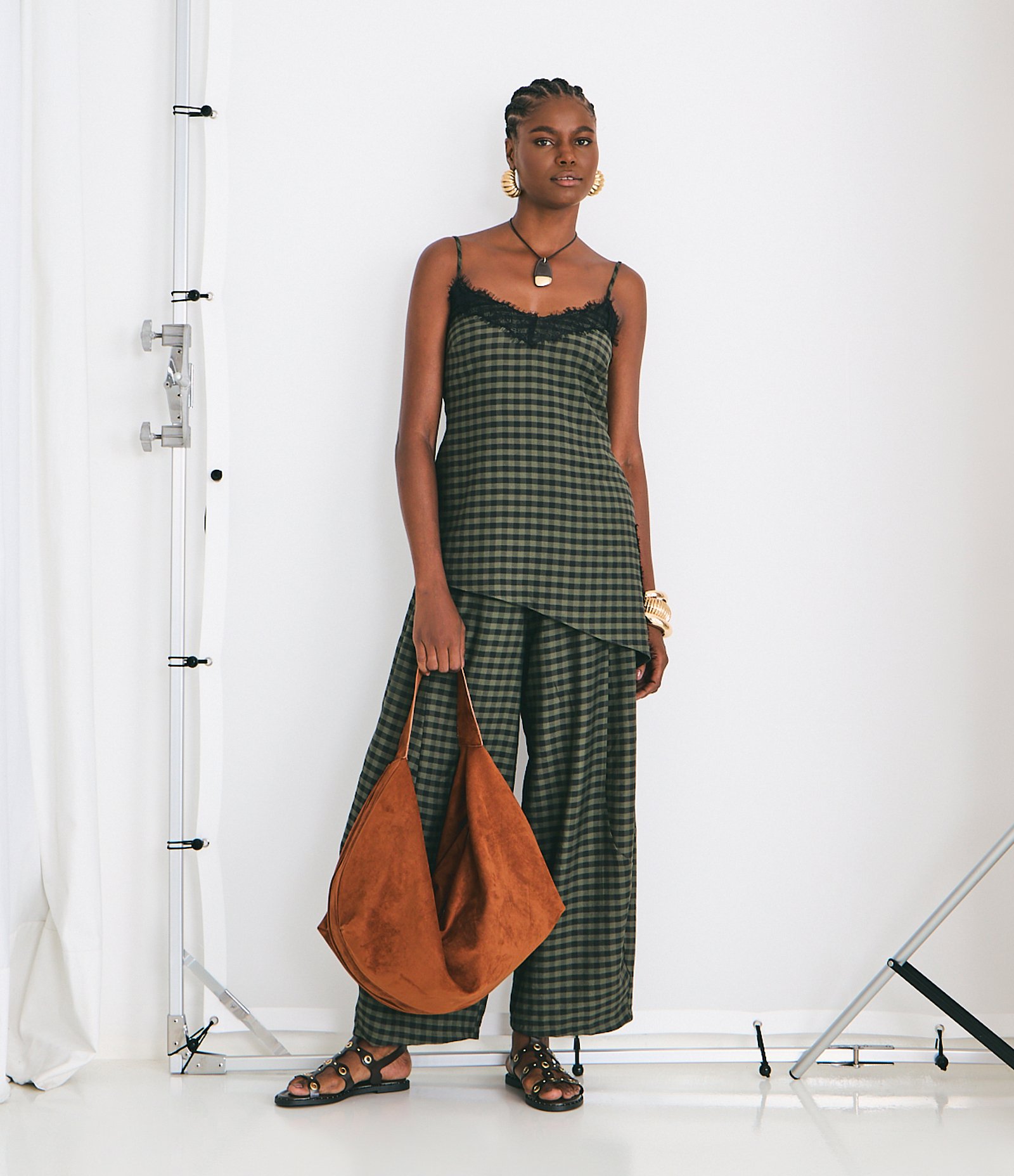 Calça Barrel em Viscose com Estampa Xadrez Verde 1