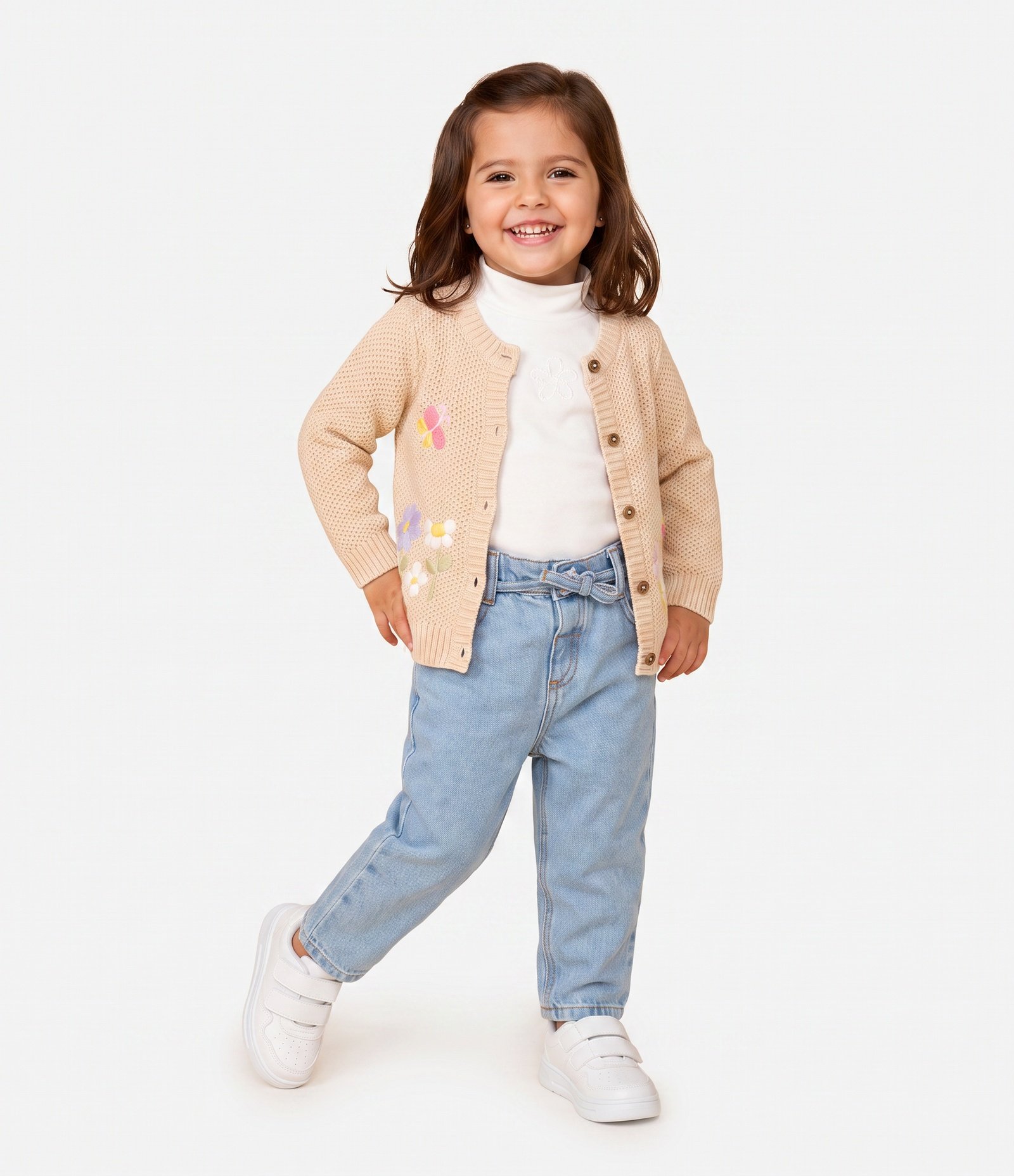 Cardigan Infantil em Tricô com Bordado Floral - Tam 1 a 6 Anos Bege 1