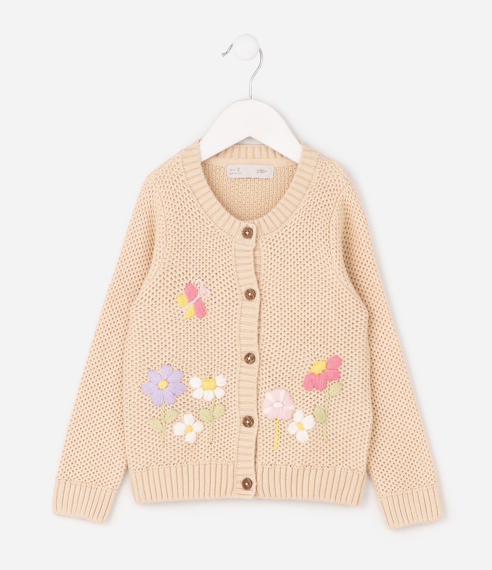 Cardigan Infantil em Tricô com Bordado Floral - Tam 1 a 6 Anos Bege 2