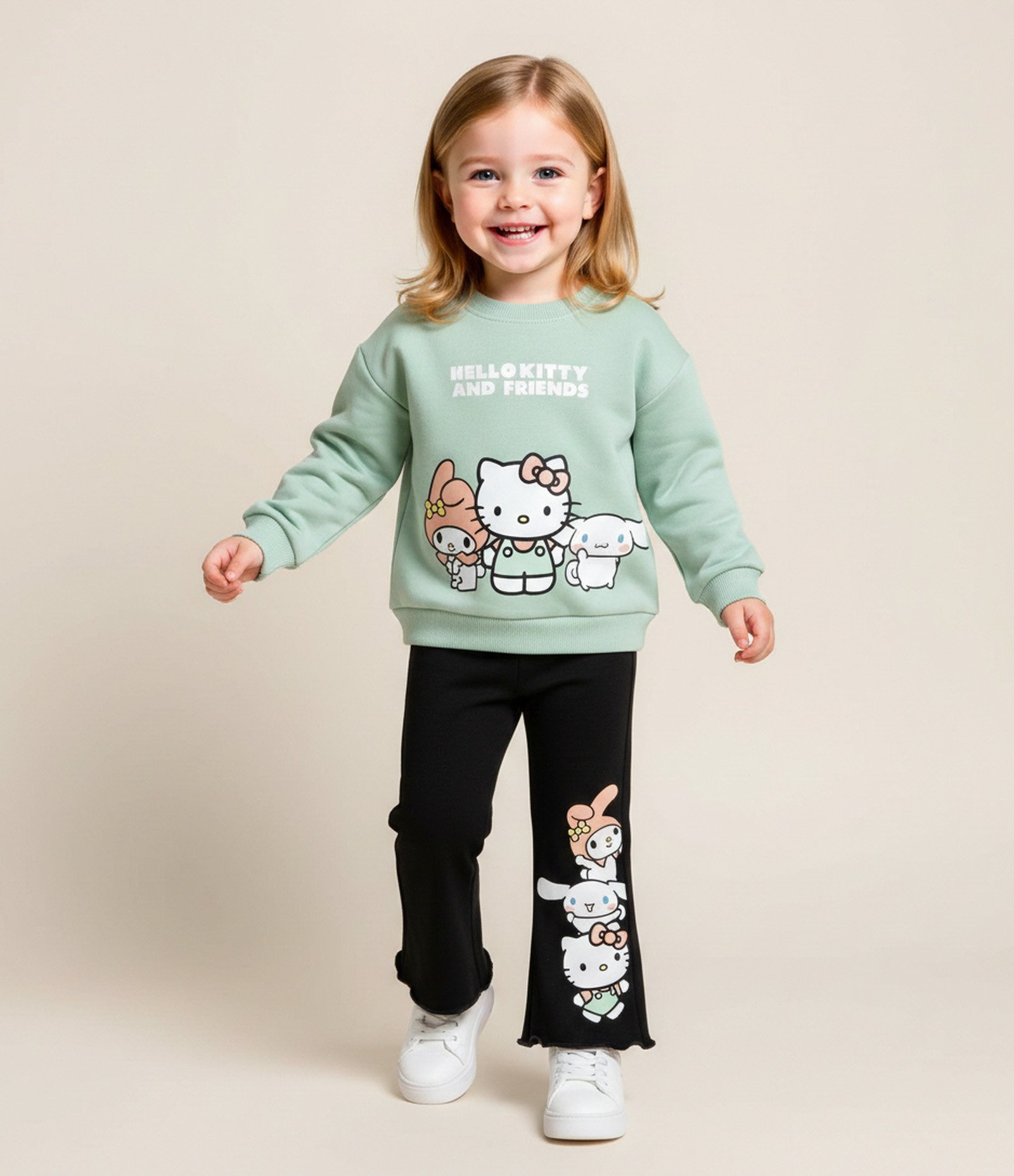 Conjunto Infantil Hello Kitty Casaco Cropped e Calça Flare – Tam 1 a 6 Anos Preto/Verde Claro 1