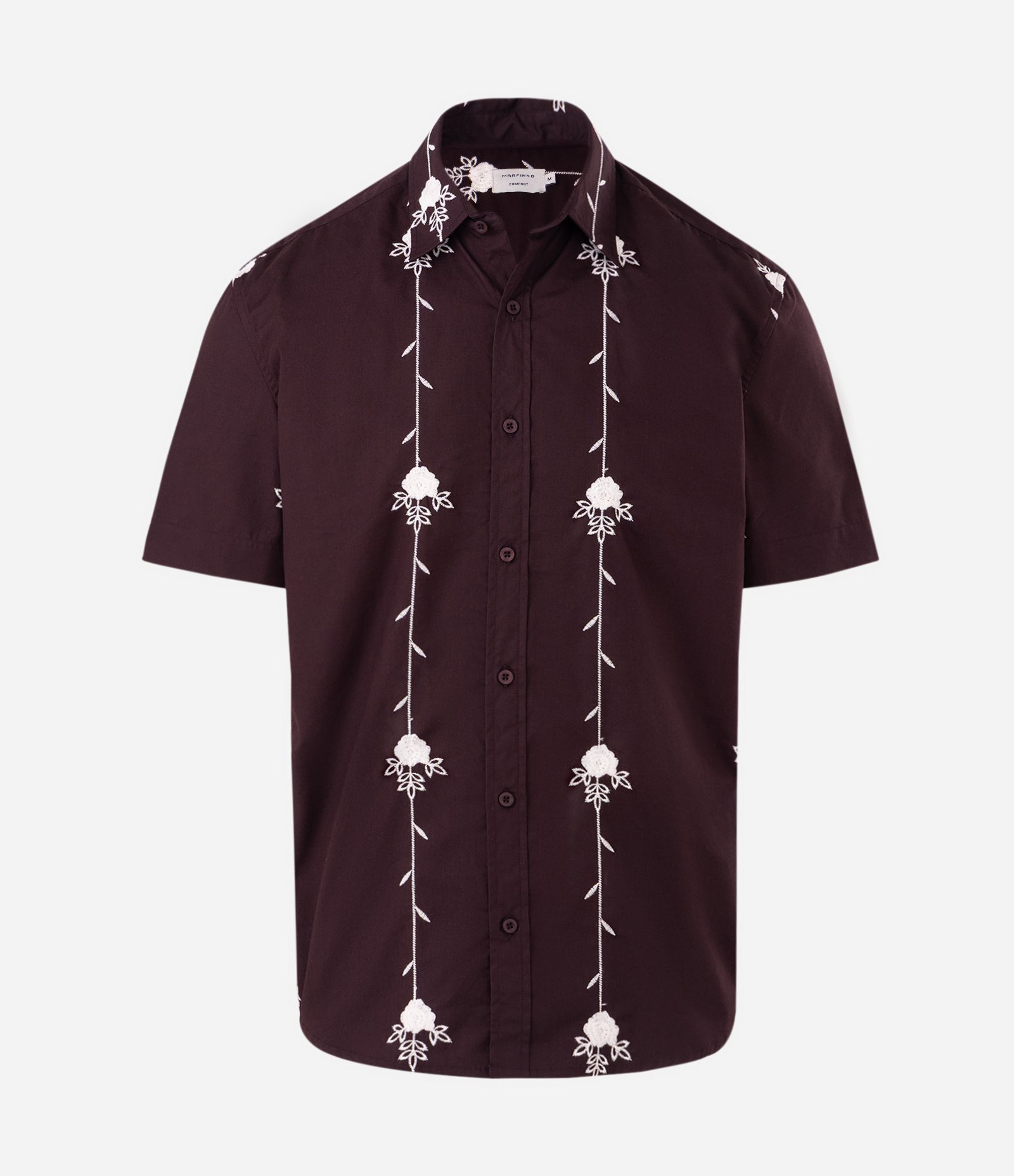 Camisa Bordada Floral Vertical Manga Curta Marrom 1