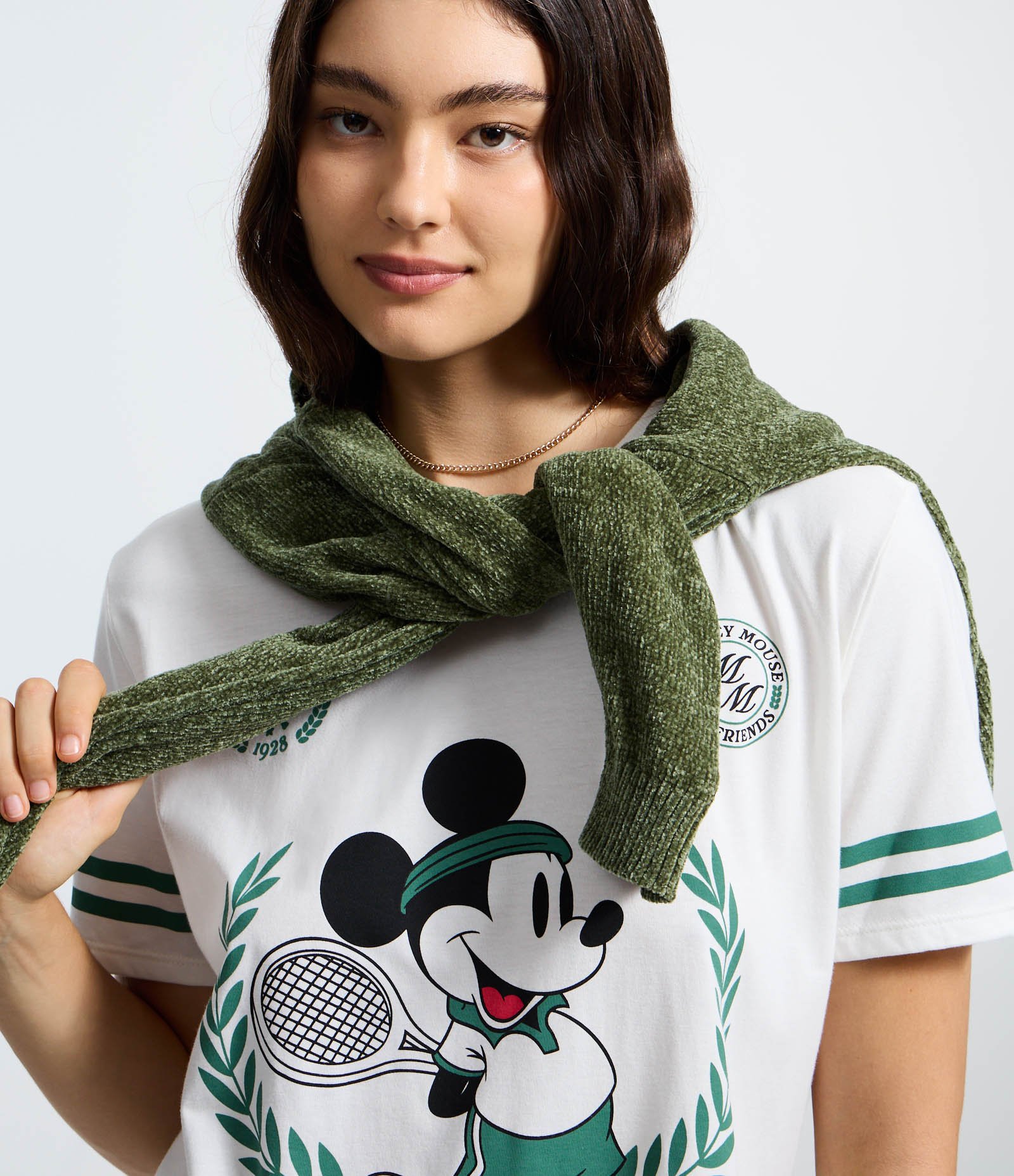 Camiseta em Algodão Estampa Mickey Tenista e Modelo Alongado Branco 1