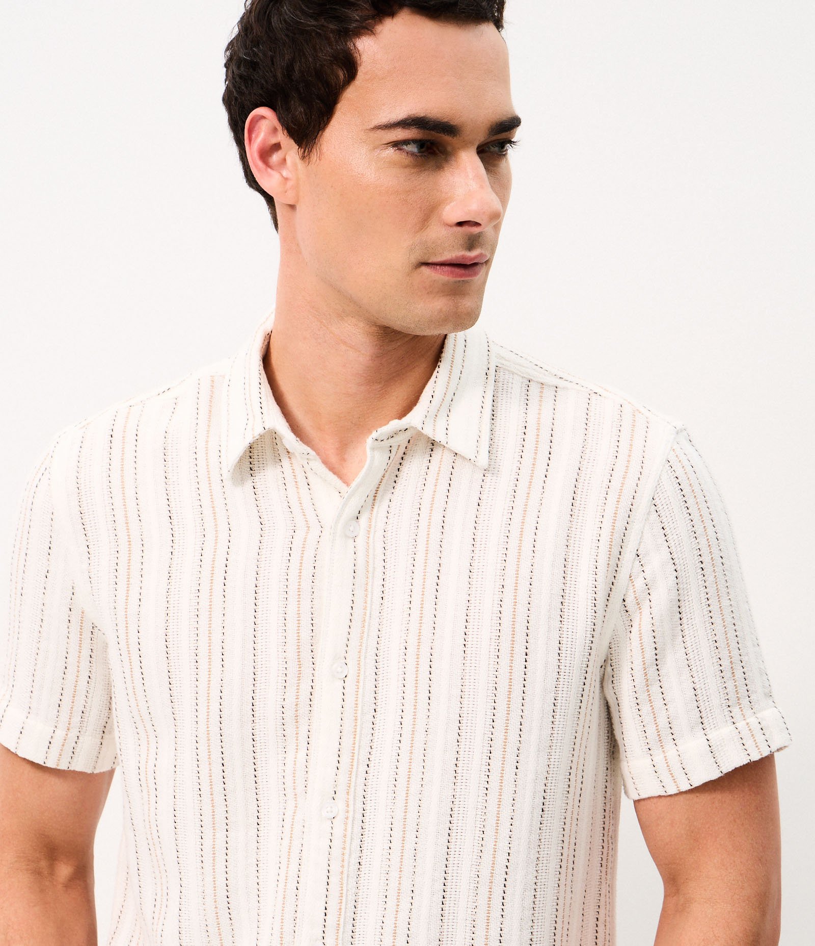Camisa Listrada Texturizada Manga Curta Off White 4