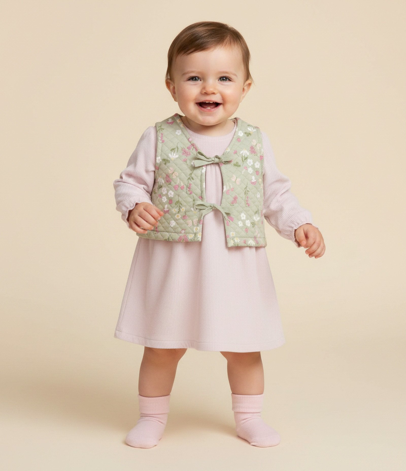 Vestido Bebê em Fleece com Colete Matelassê Floral – Tam 0 a 18 Meses Rosa/Verde 1
