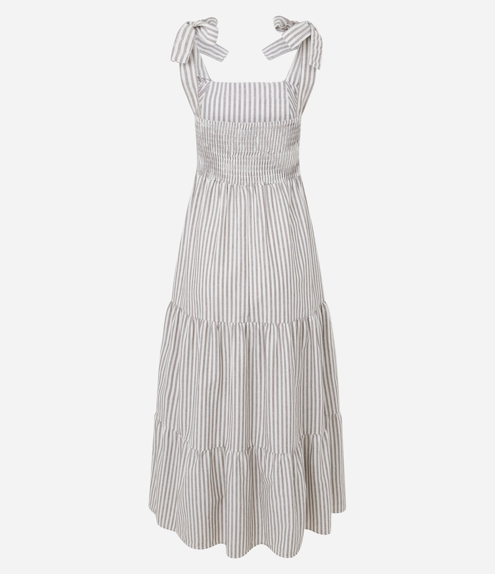 Vestido Longo em Sarja com Laço na Alça e Listras Marrom/Branco 6