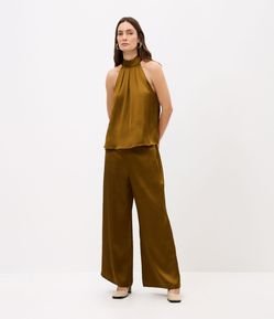 Calça Wide Leg Acetinada com Cós Elástico