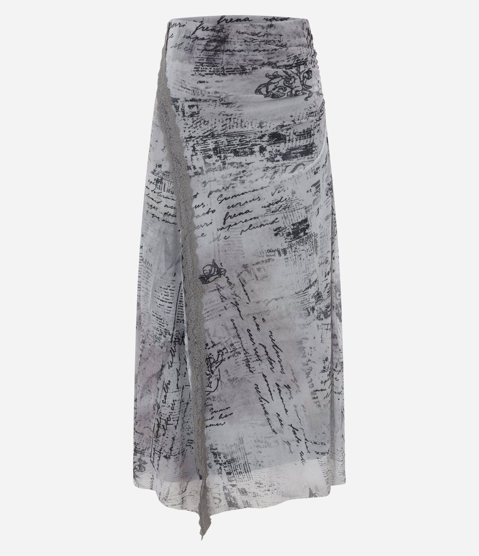 Saia New Midi em Tule com Estampa de Jornal Cinza/Preto 4