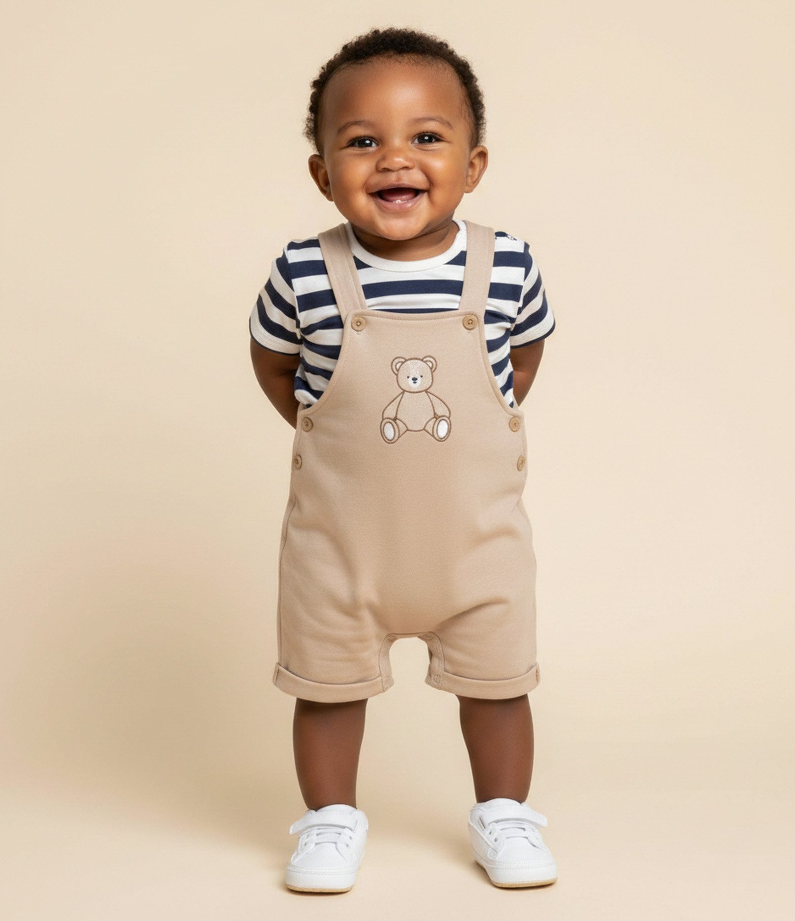 Conjunto Infantil Body Listrado e Jardineira com Bordado Urso – Tam 0 a 18 Meses Bege/Branco/Azul 1