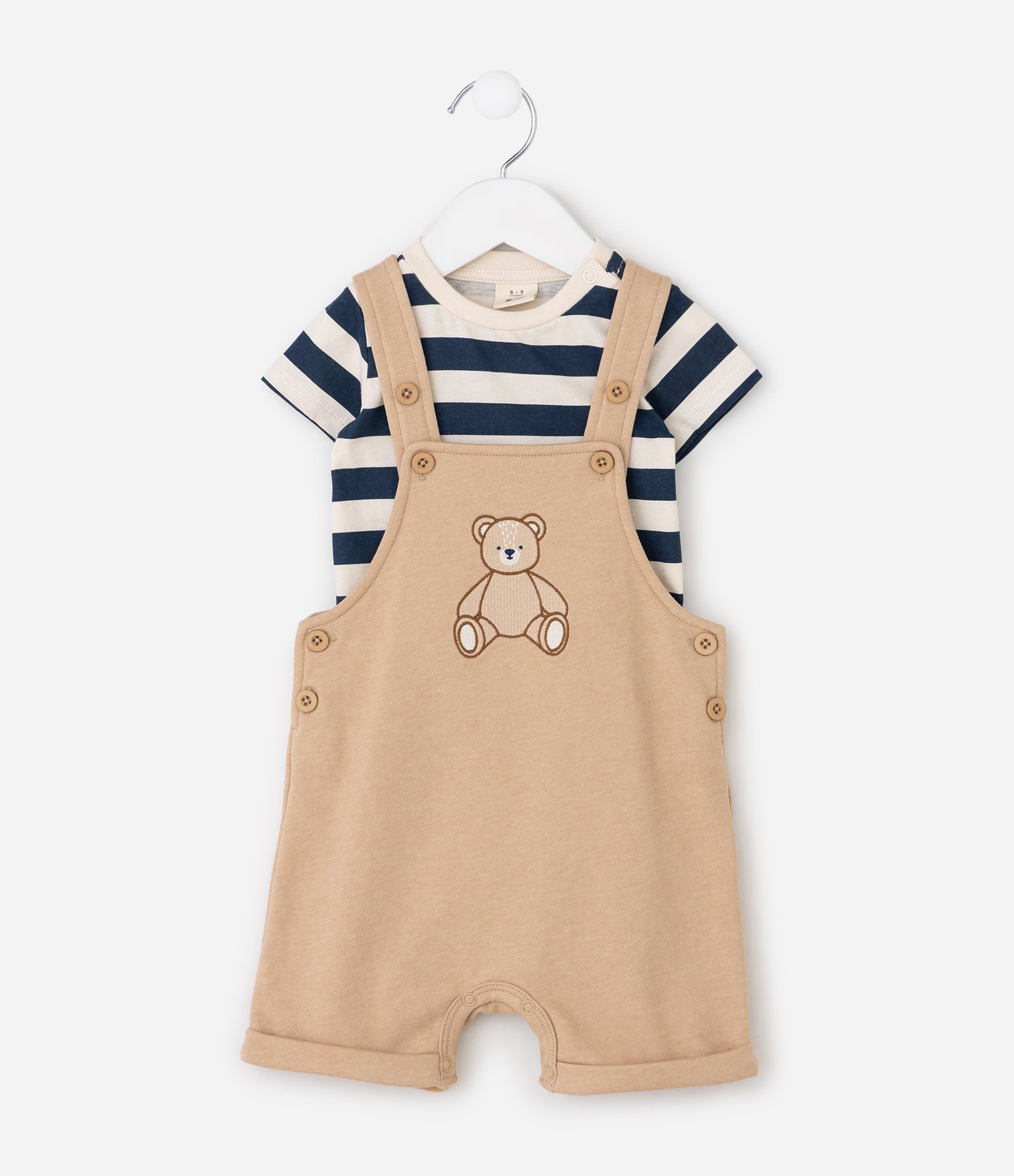Conjunto Infantil Body Listrado e Jardineira com Bordado Urso – Tam 0 a 18 Meses Bege/Branco/Azul 2
