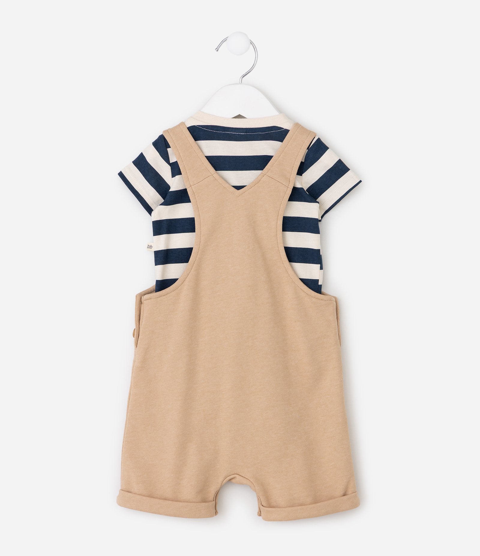 Conjunto Infantil Body Listrado e Jardineira com Bordado Urso – Tam 0 a 18 Meses Bege/Branco/Azul 3