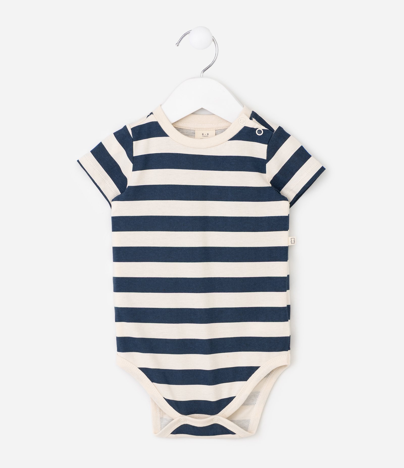 Conjunto Infantil Body Listrado e Jardineira com Bordado Urso – Tam 0 a 18 Meses Bege/Branco/Azul 4