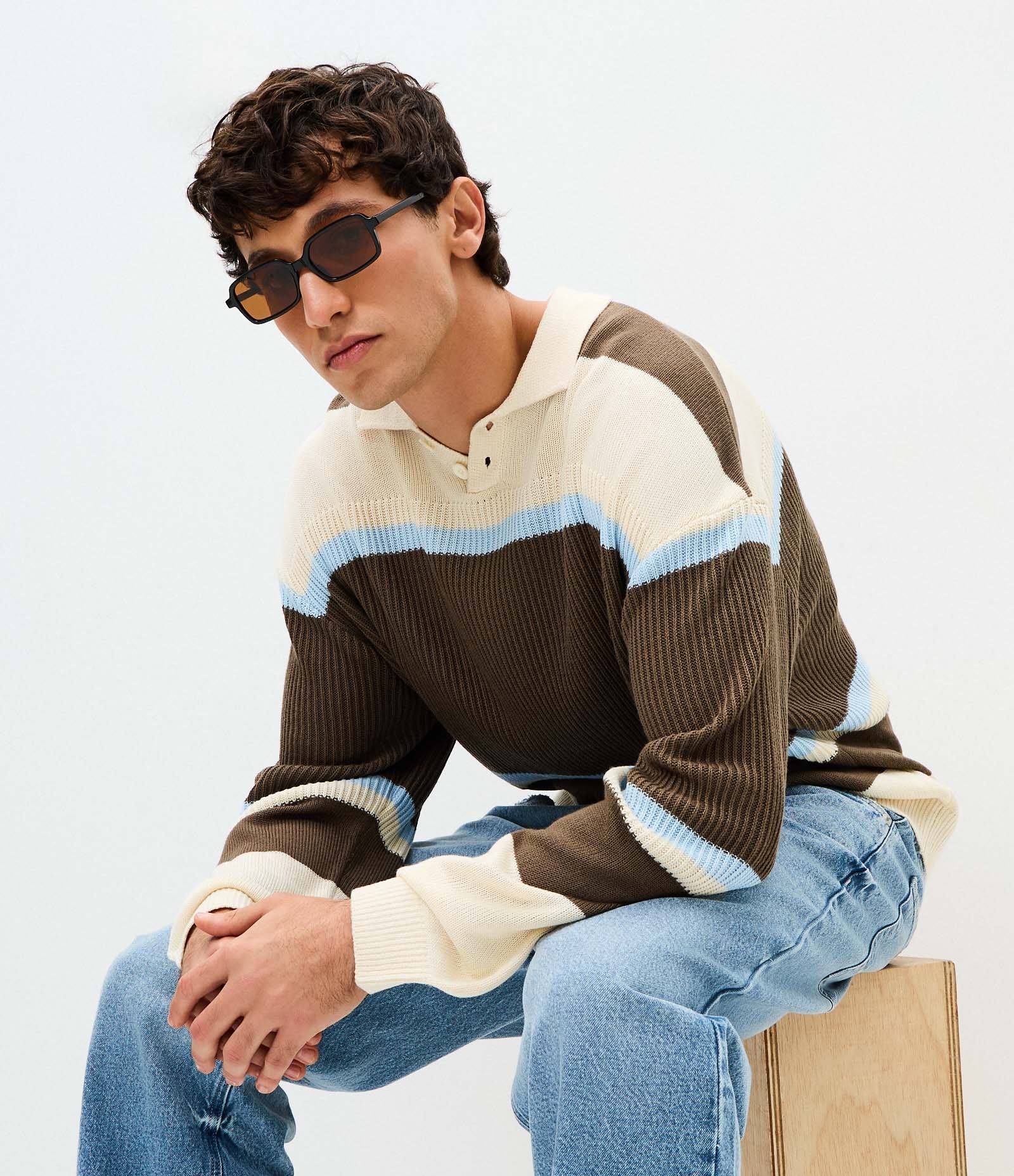 Suéter Masculino Retilínea Listrado com Gola Polo Marrom 1