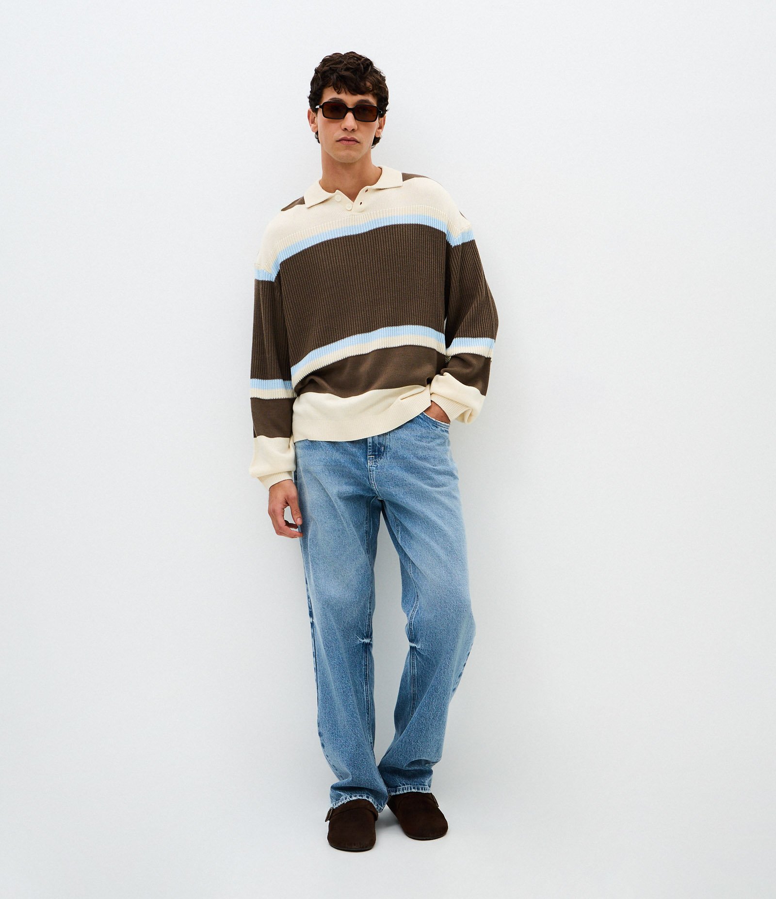 Suéter Masculino Retilínea Listrado com Gola Polo Marrom 2