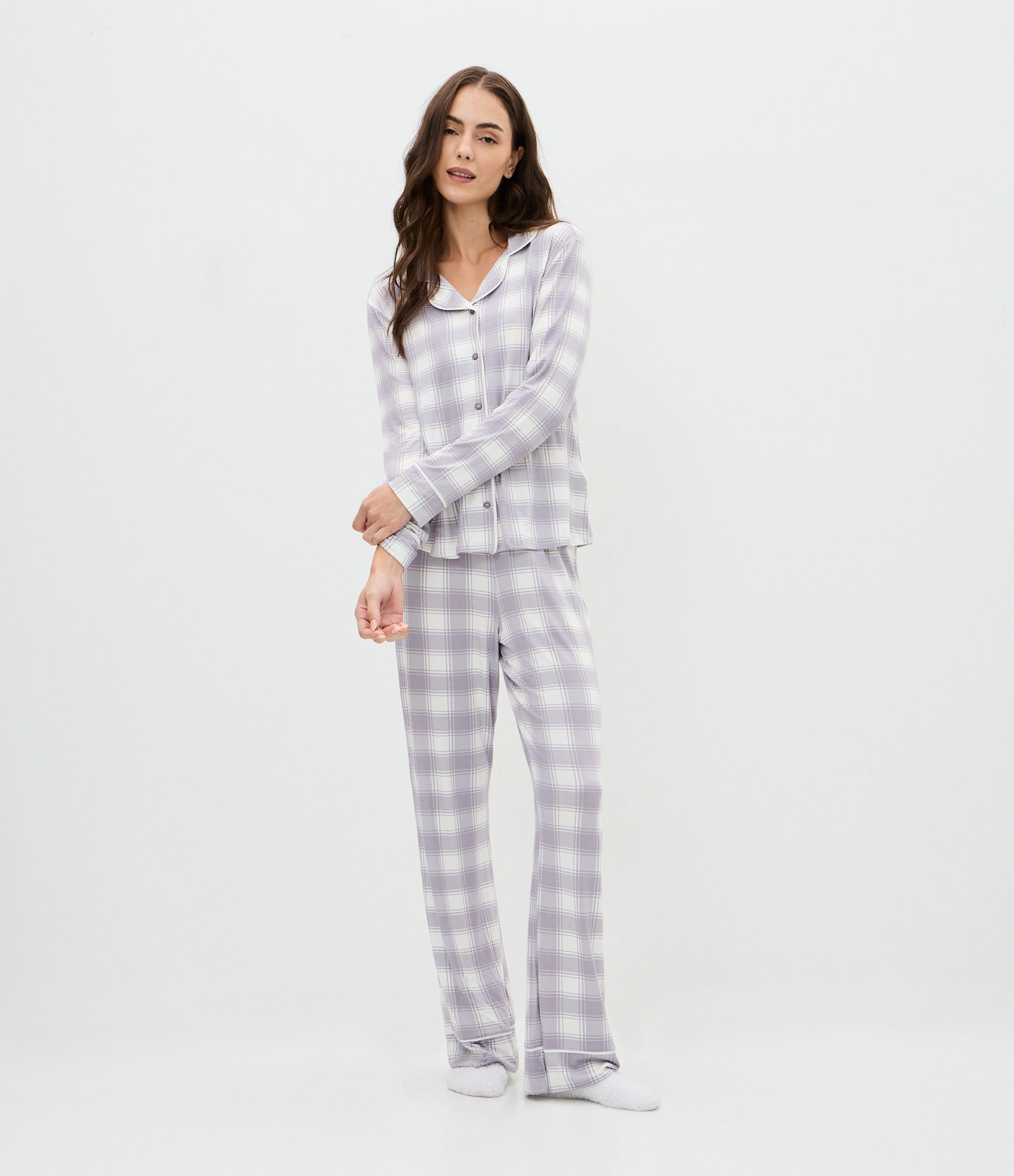Pijama Americano em Viscolycra com Estampa Xadrez Lilás 1