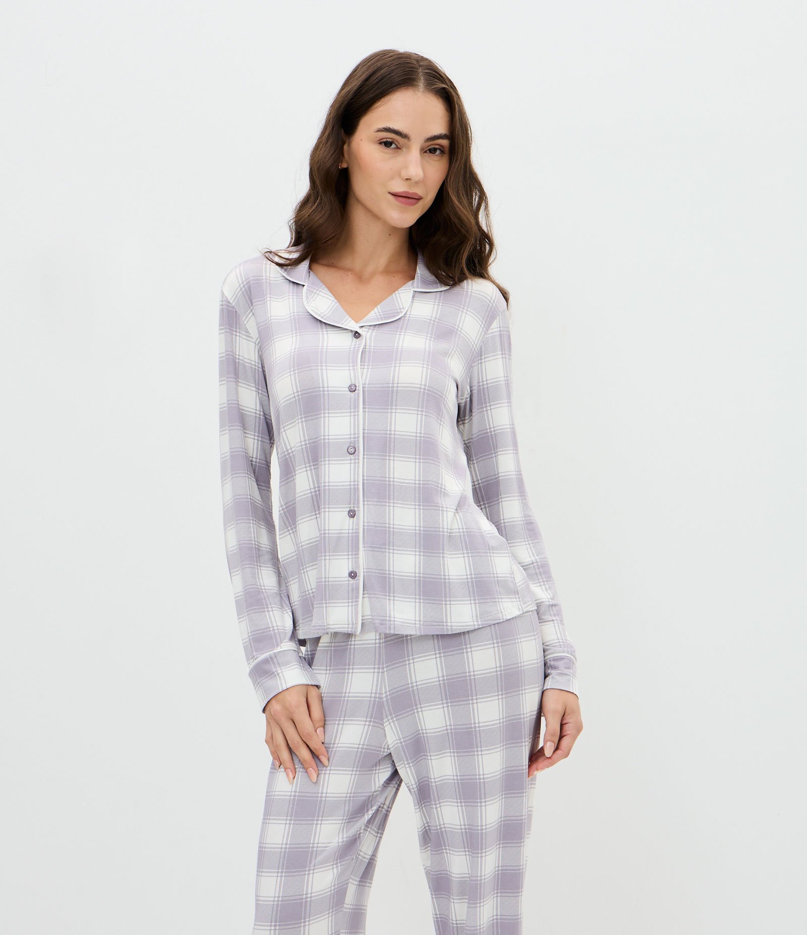 Pijama Americano em Viscolycra com Estampa Xadrez Lilás 2