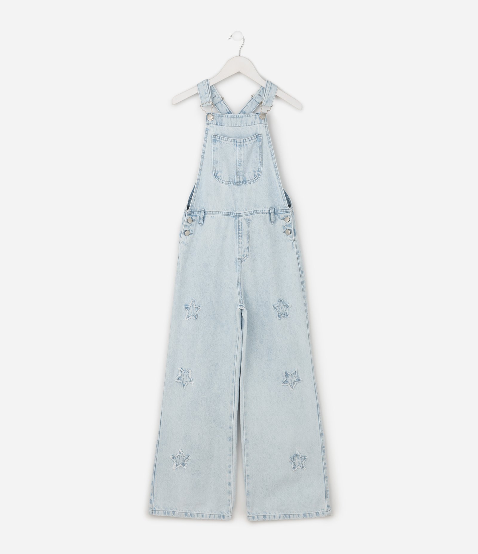 Macacão Wide Infantil em Jeans com Bordado Estrelas – Tam 5 a 14 Anos Azul Claro 1