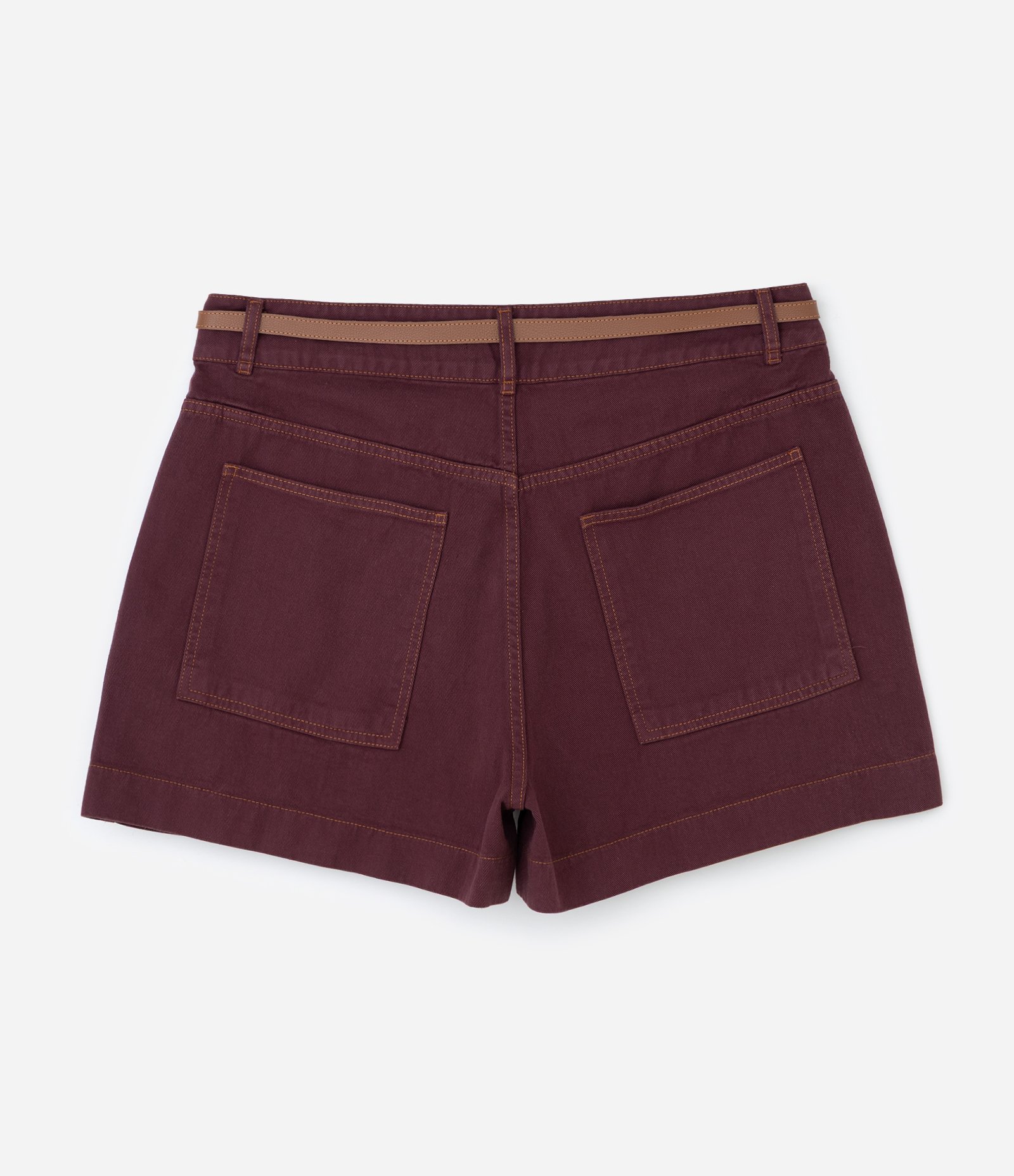 Short Mom em Sarja com Costura Ocre e Cintinho Curve & Plus Size Vinho 2