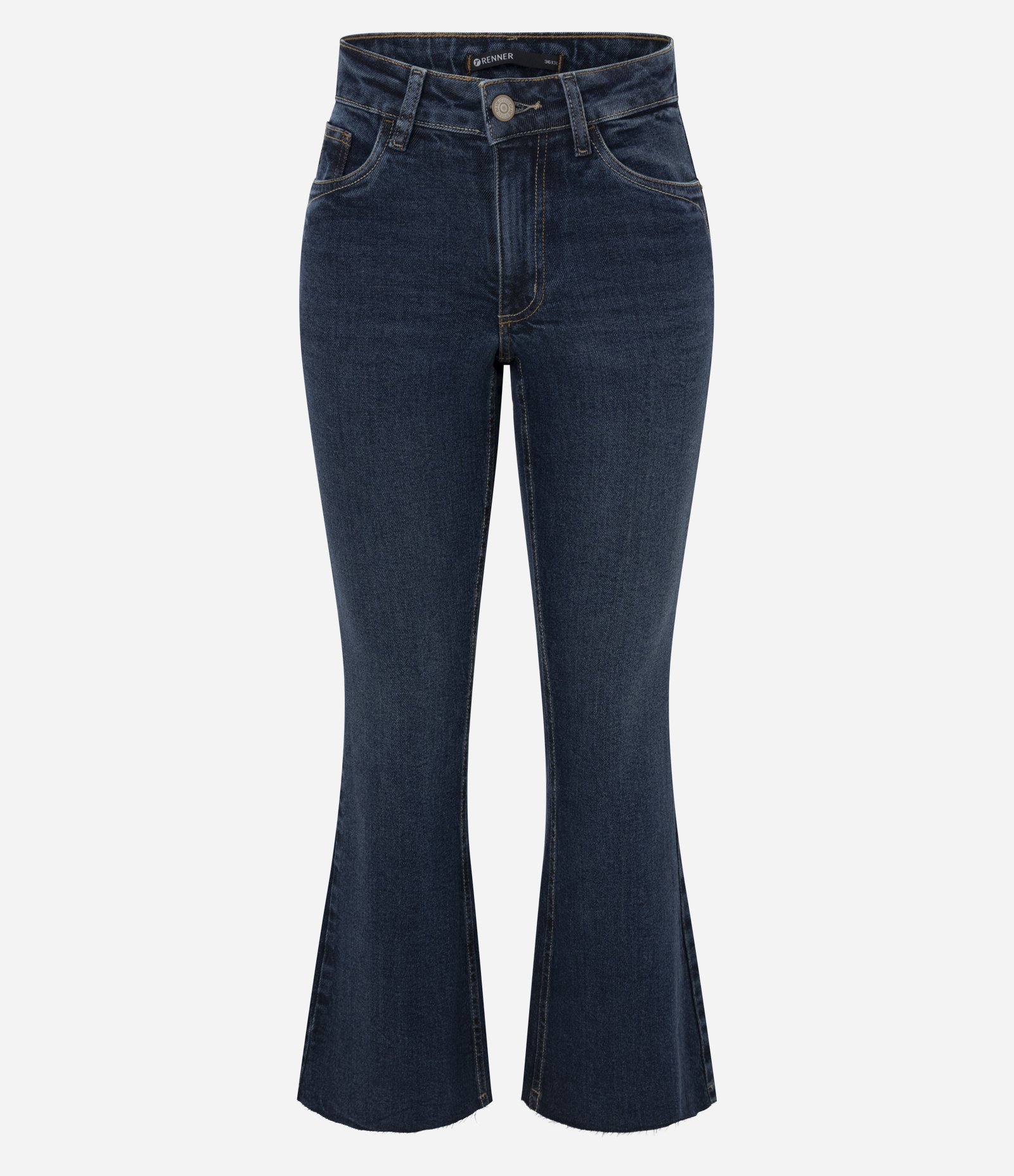 Calça Flare Cropped em Jeans com Cintura Média Azul Escuro 1