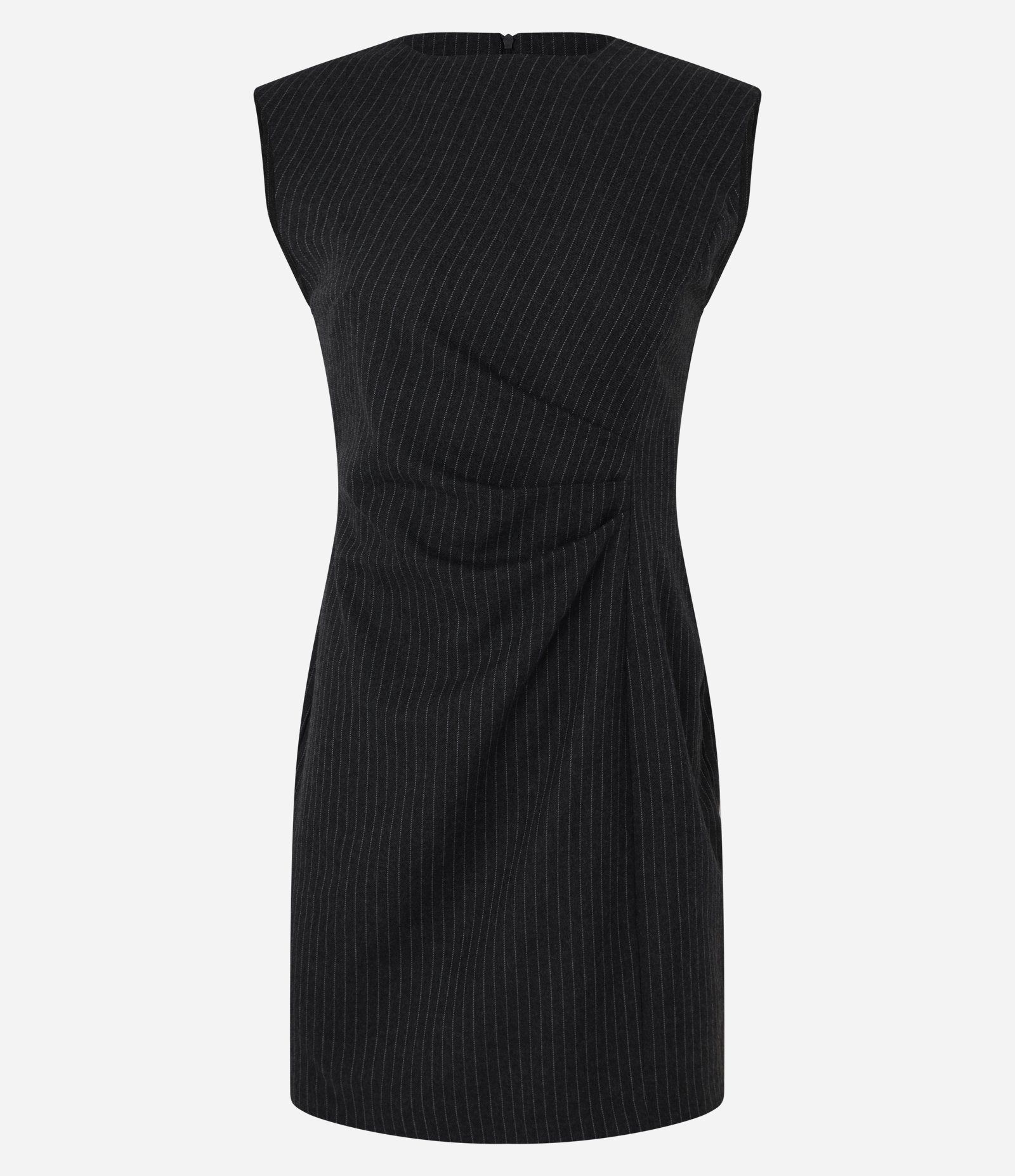 Vestido Curto Listrado com Drapeado Lateral Cinza 1