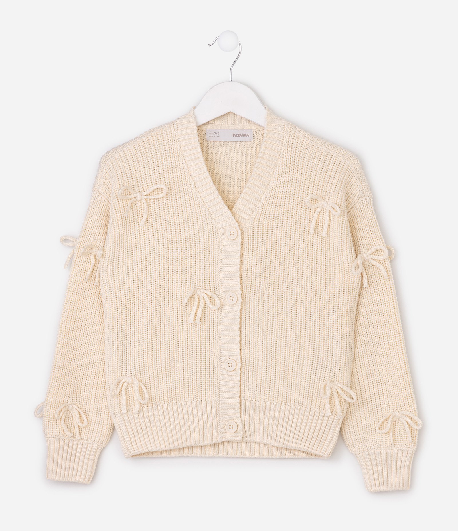 Cardigan Infantil em Tricô com Lacinhos Aplicados – Tam 5 a 14 Anos Bege Claro 4