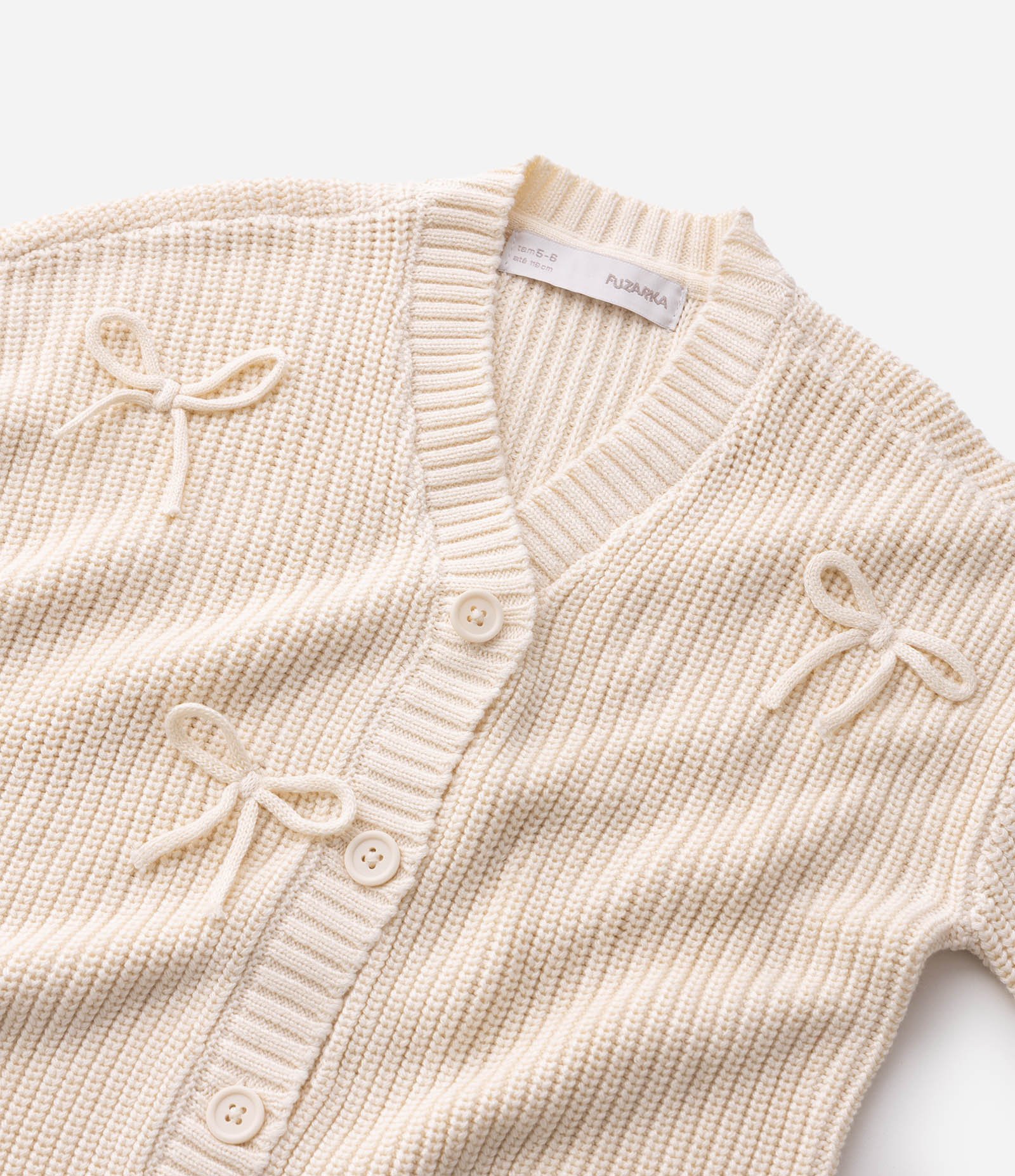 Cardigan Infantil em Tricô com Lacinhos Aplicados – Tam 5 a 14 Anos Bege Claro 7
