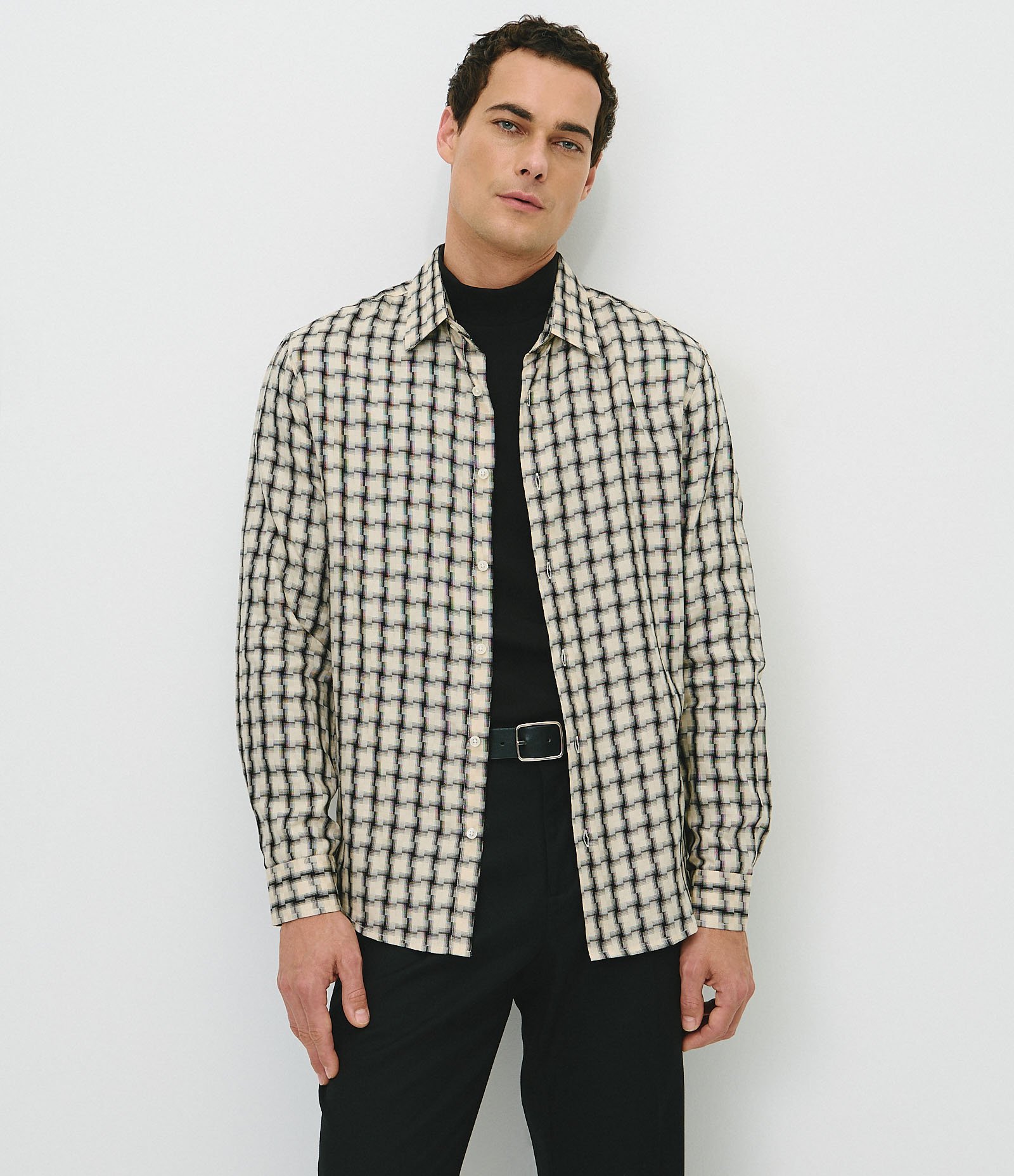 Camisa Xadrez Comfort Viscose Manga Longa Bege 1