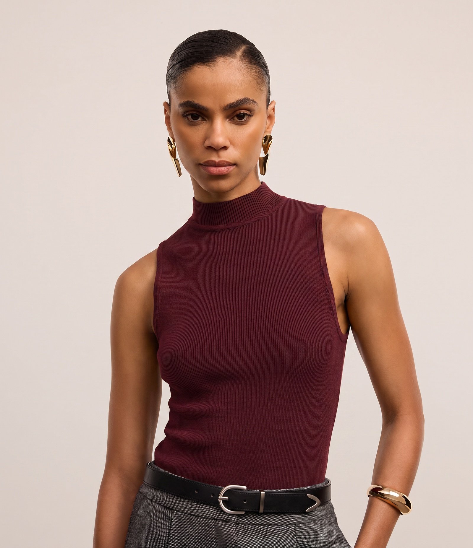 Blusa em Tricô com Golinha e Textura Canelada Vinho 1