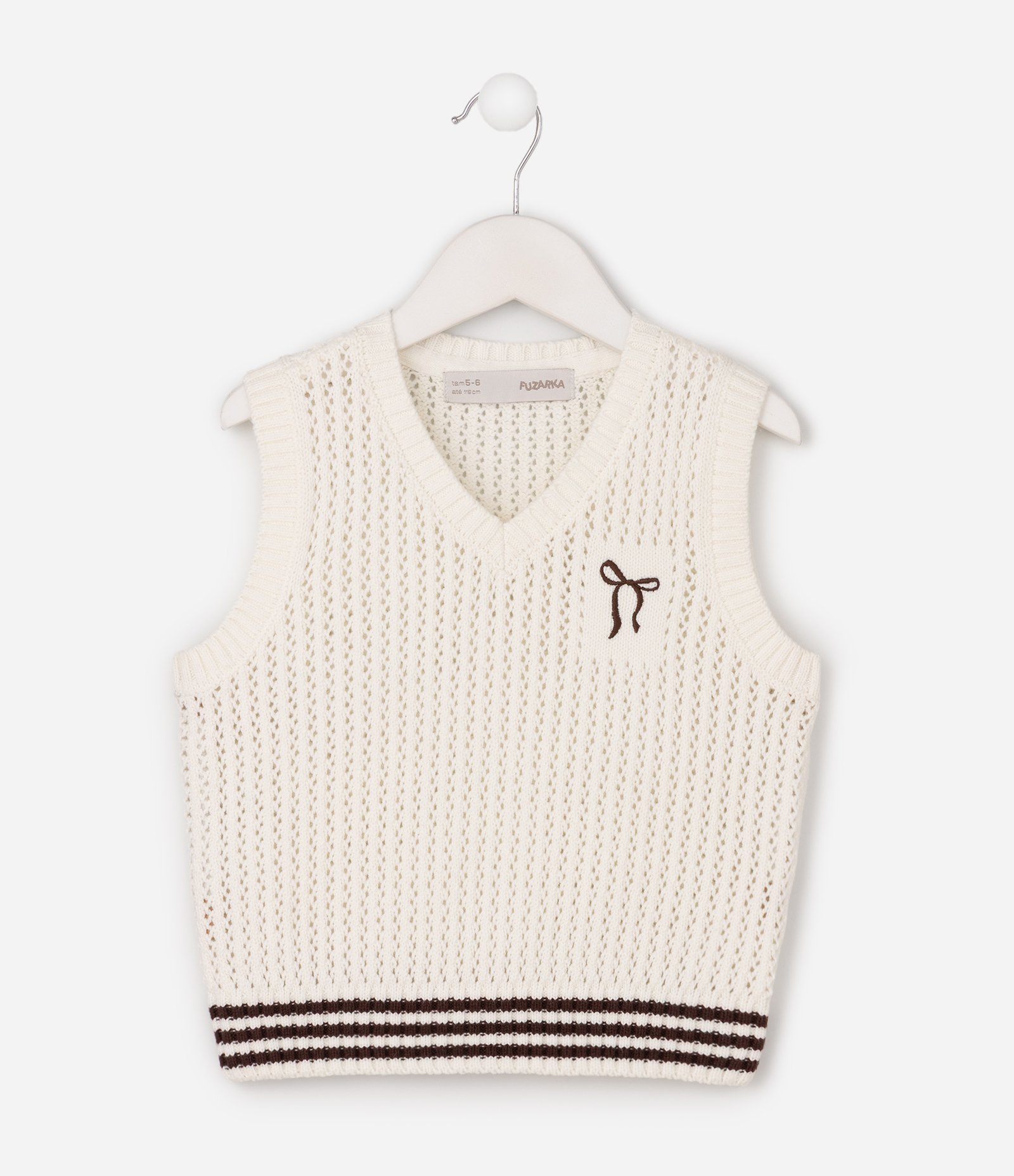 Colete Infantil em Tricô com Gola V e Laço Bordado – Tam 5 a 14 Anos Off White 2