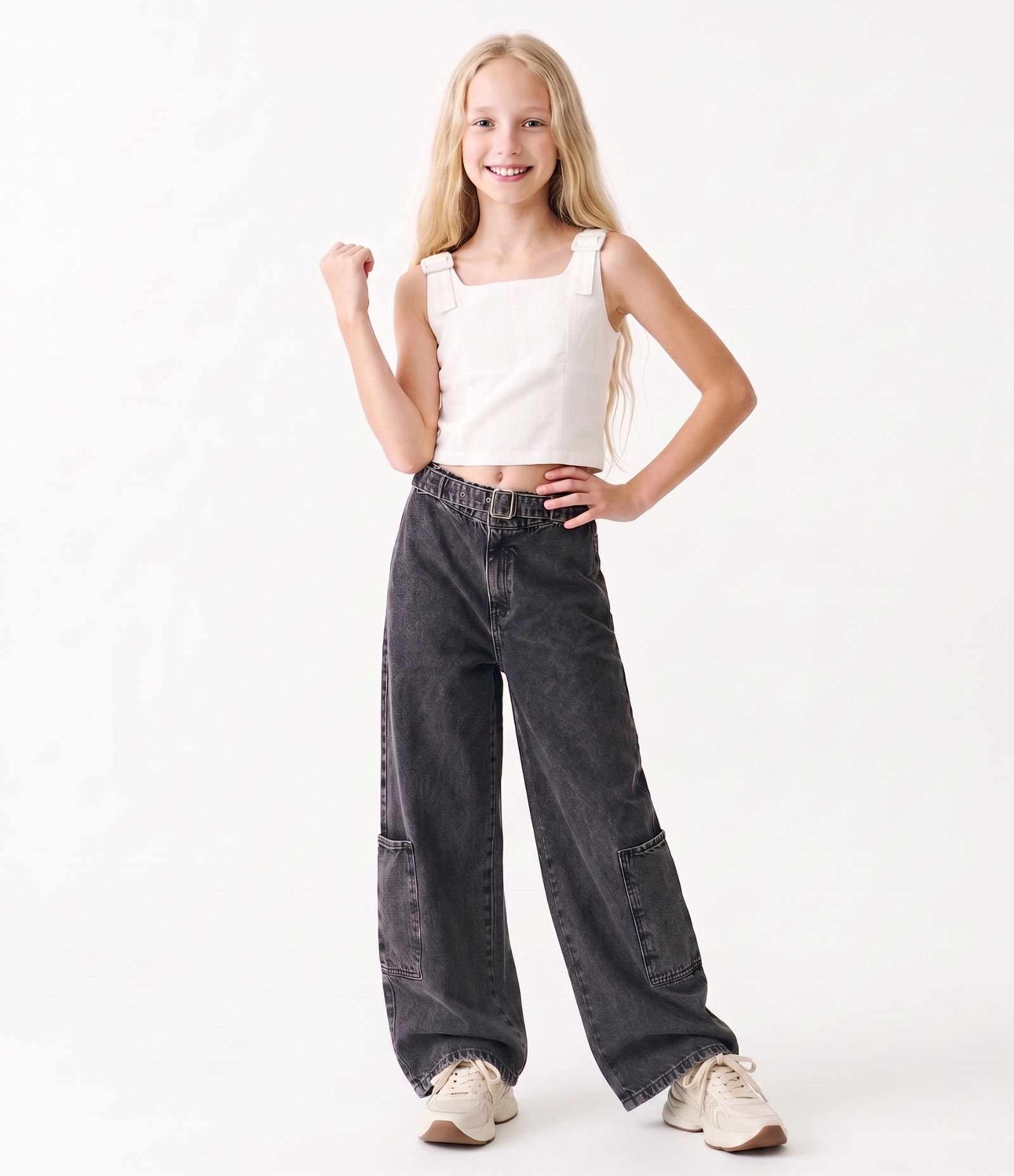 Calça Jeans Wide Leg Infantil com Cinto e Fivela - Tam 5 a 16 Anos Preto 1