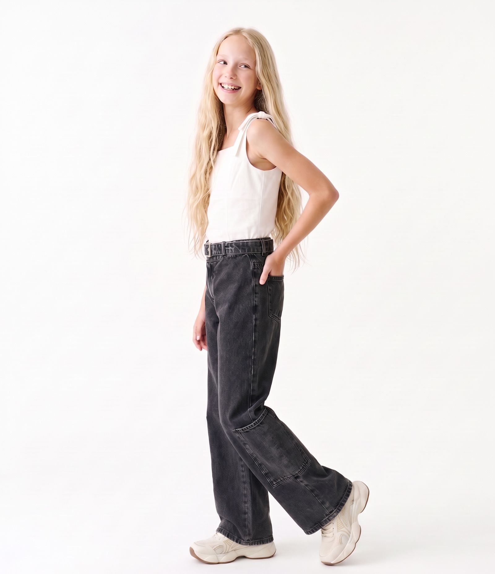 Calça Jeans Wide Leg Infantil com Cinto e Fivela - Tam 5 a 16 Anos Preto 2