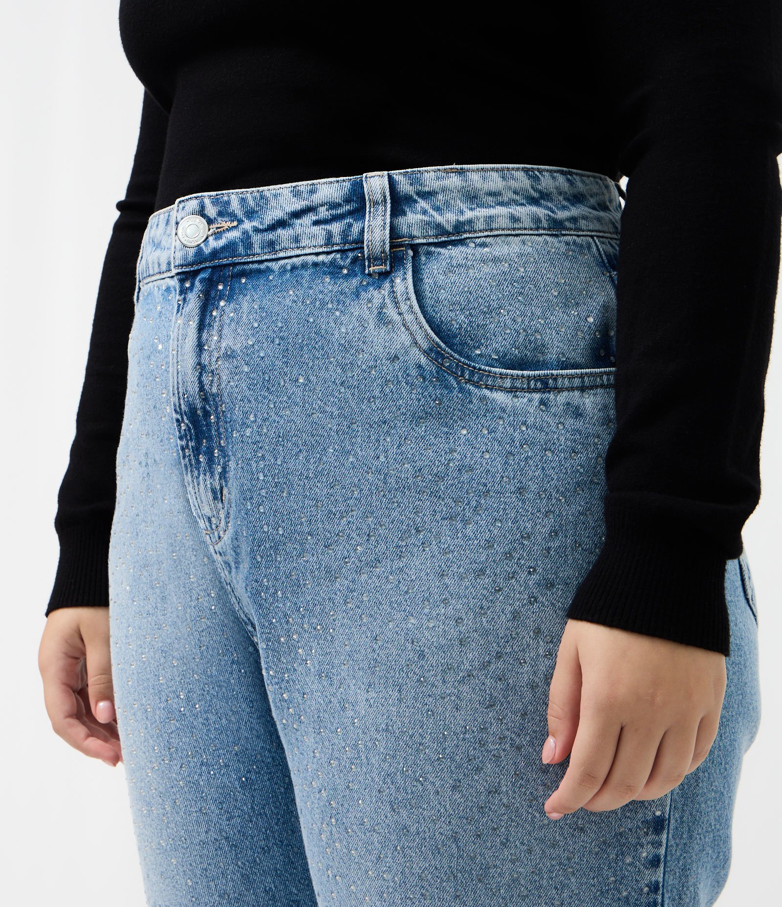 Calça Reta em Jeans com Brilho Aplicado Curve & Plus Size Azul 3