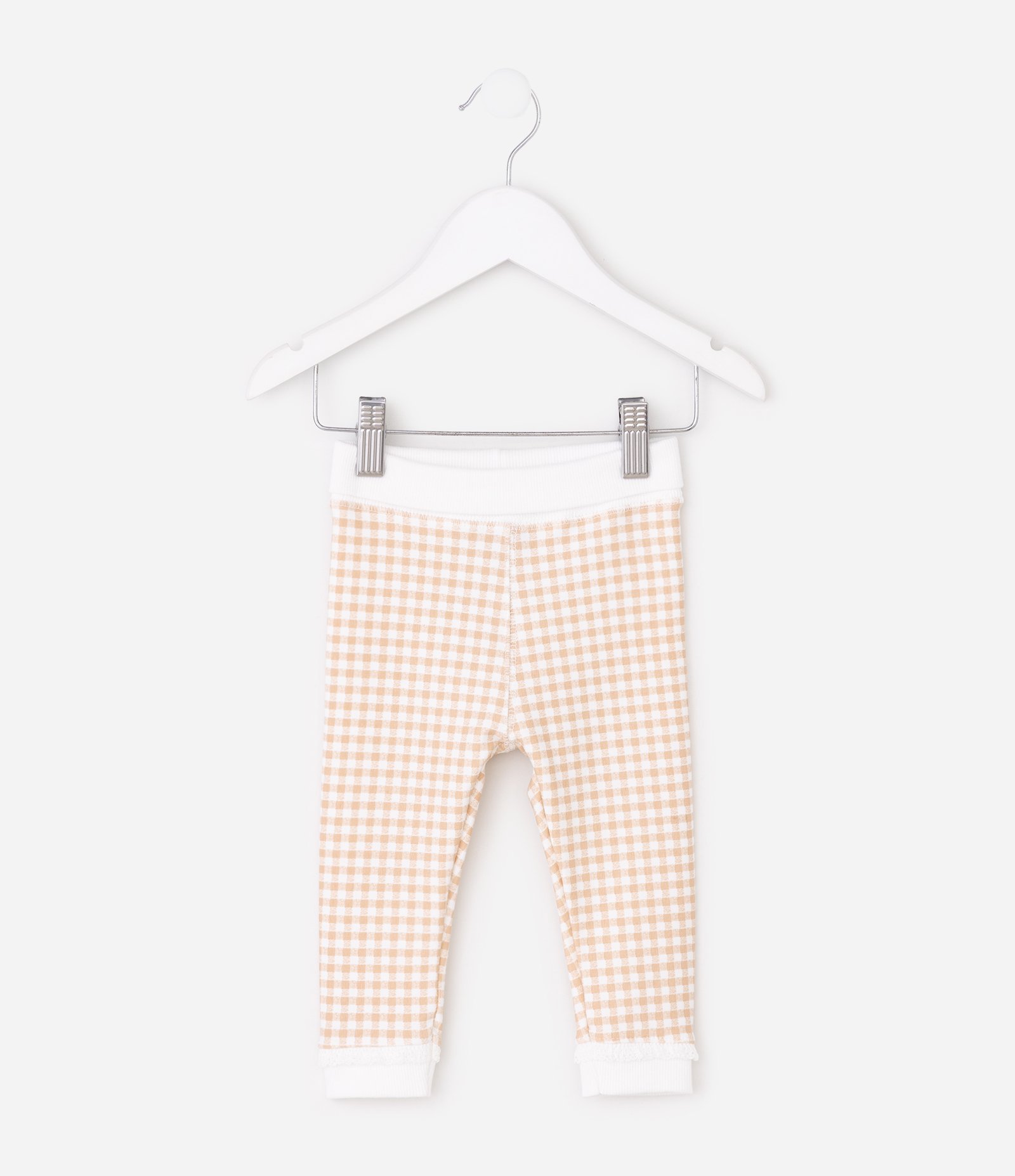 Calça Legging Infantil em Moletom Xadrez com Renda – Tam 0 a 18 Meses Bege/Branco 2