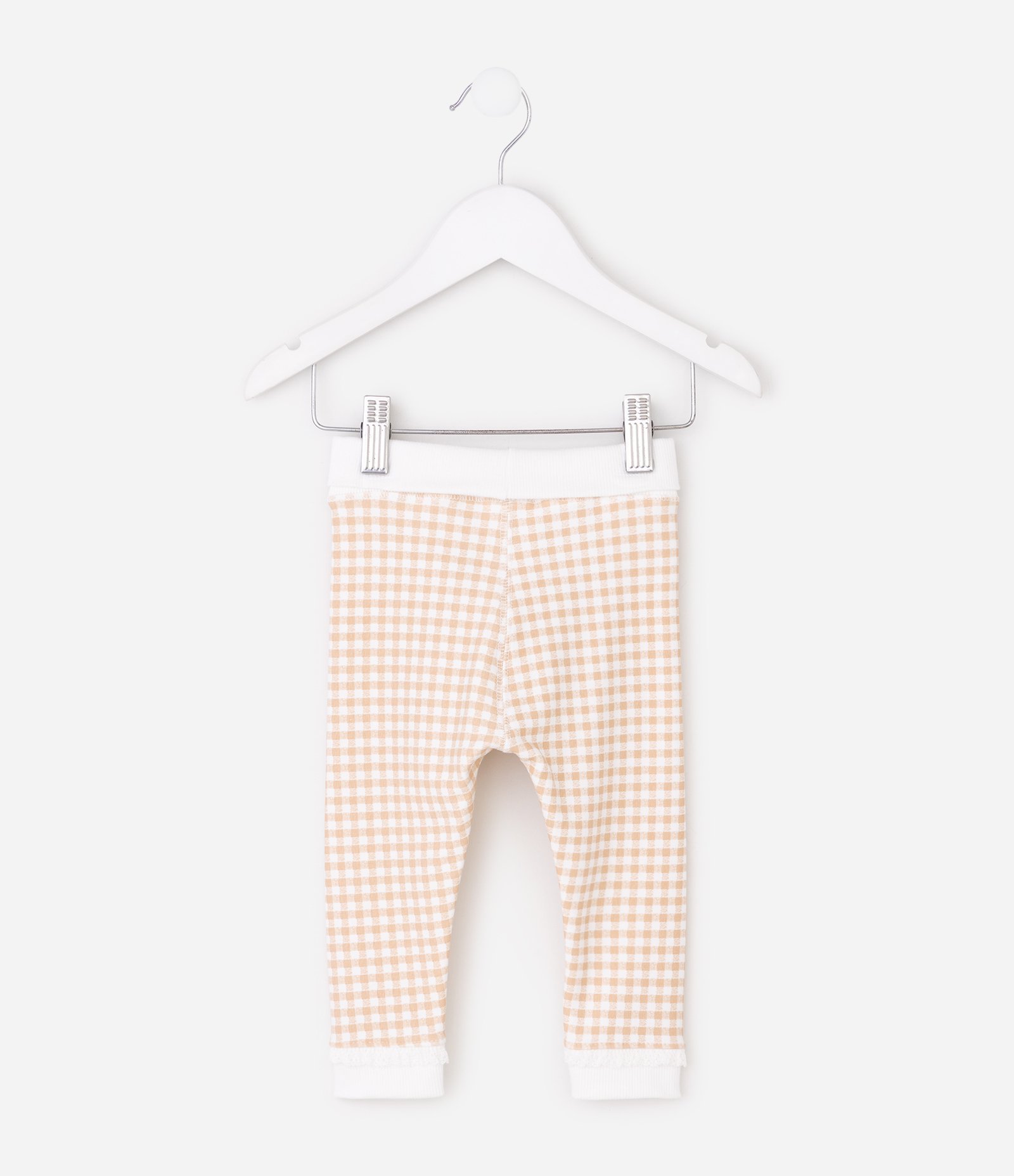 Calça Legging Infantil em Moletom Xadrez com Renda – Tam 0 a 18 Meses Bege/Branco 3
