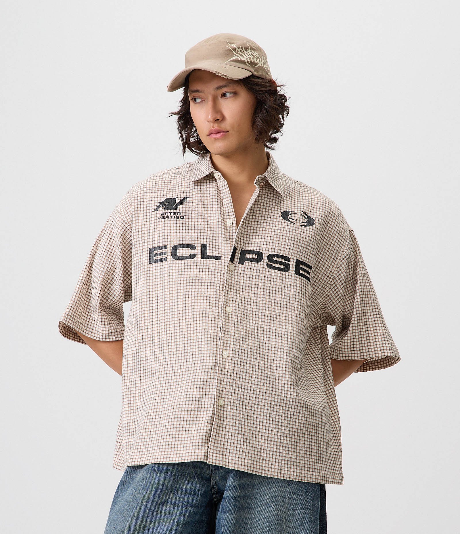 Camisa Oversized em Algodão com Textura Grid e Lettering Eclipse Branco 1