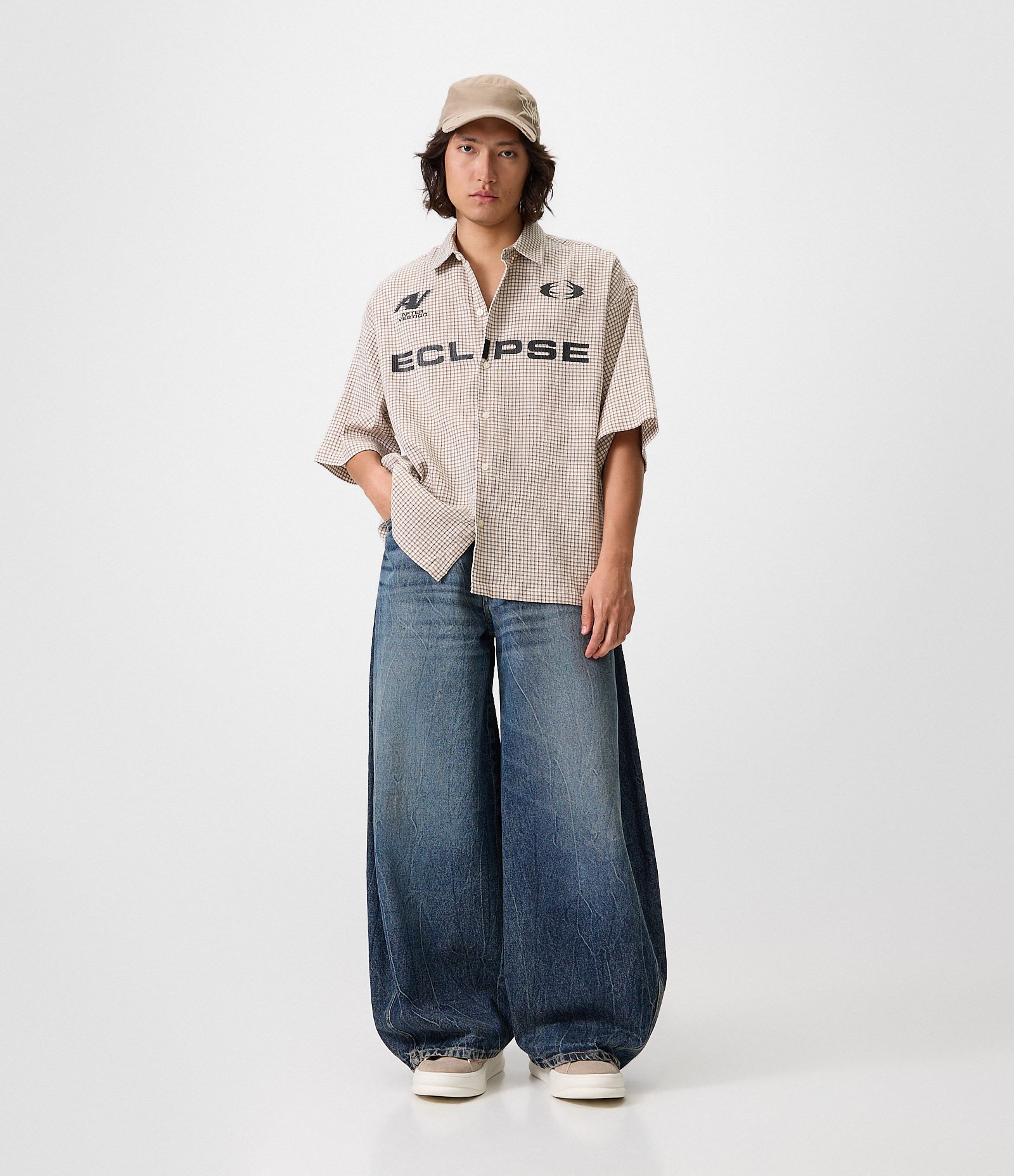 Camisa Oversized em Algodão com Textura Grid e Lettering Eclipse Branco 2