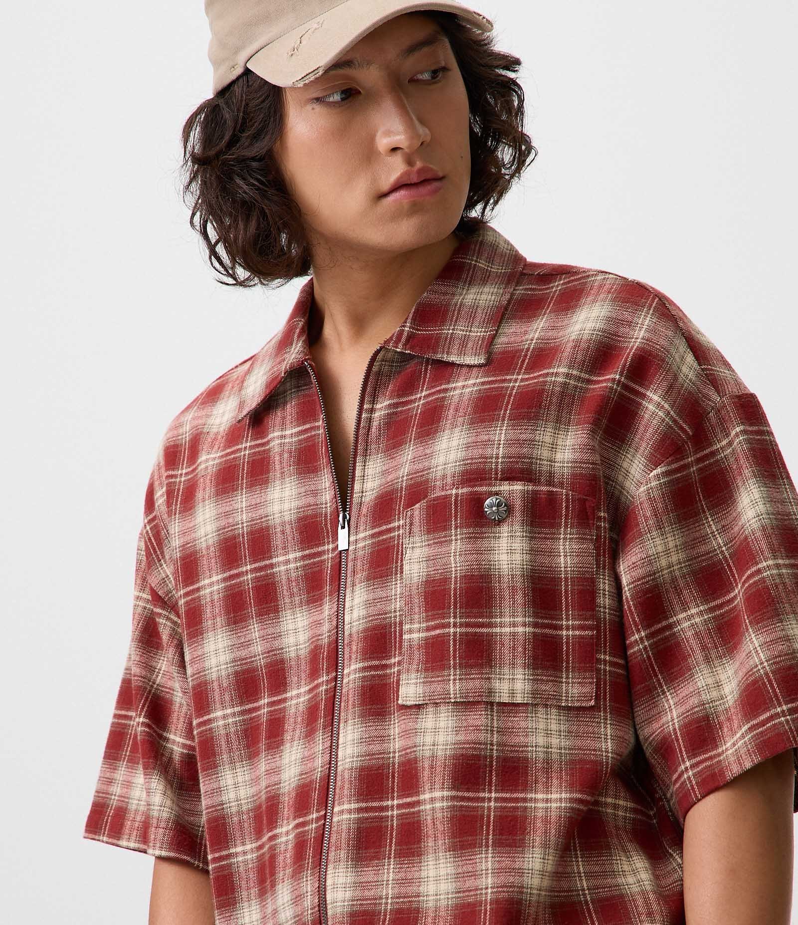 Camisa Relaxed em Flanela Xadrez com Zíper Vermelho 1