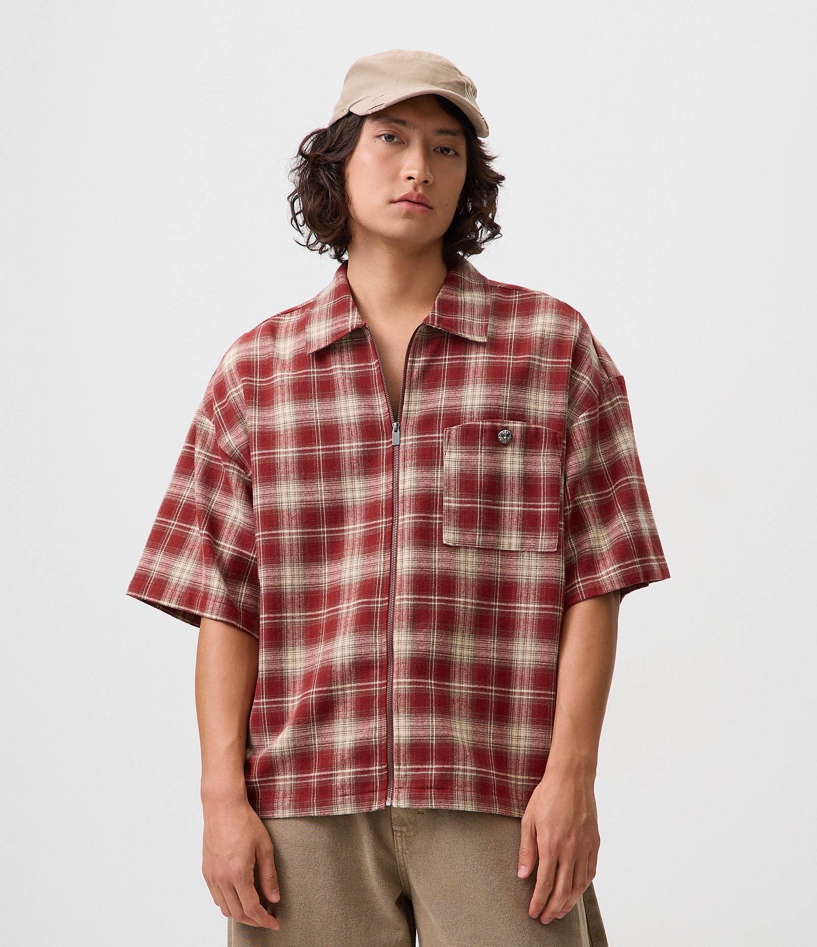 Camisa Relaxed em Flanela Xadrez com Zíper Vermelho 4
