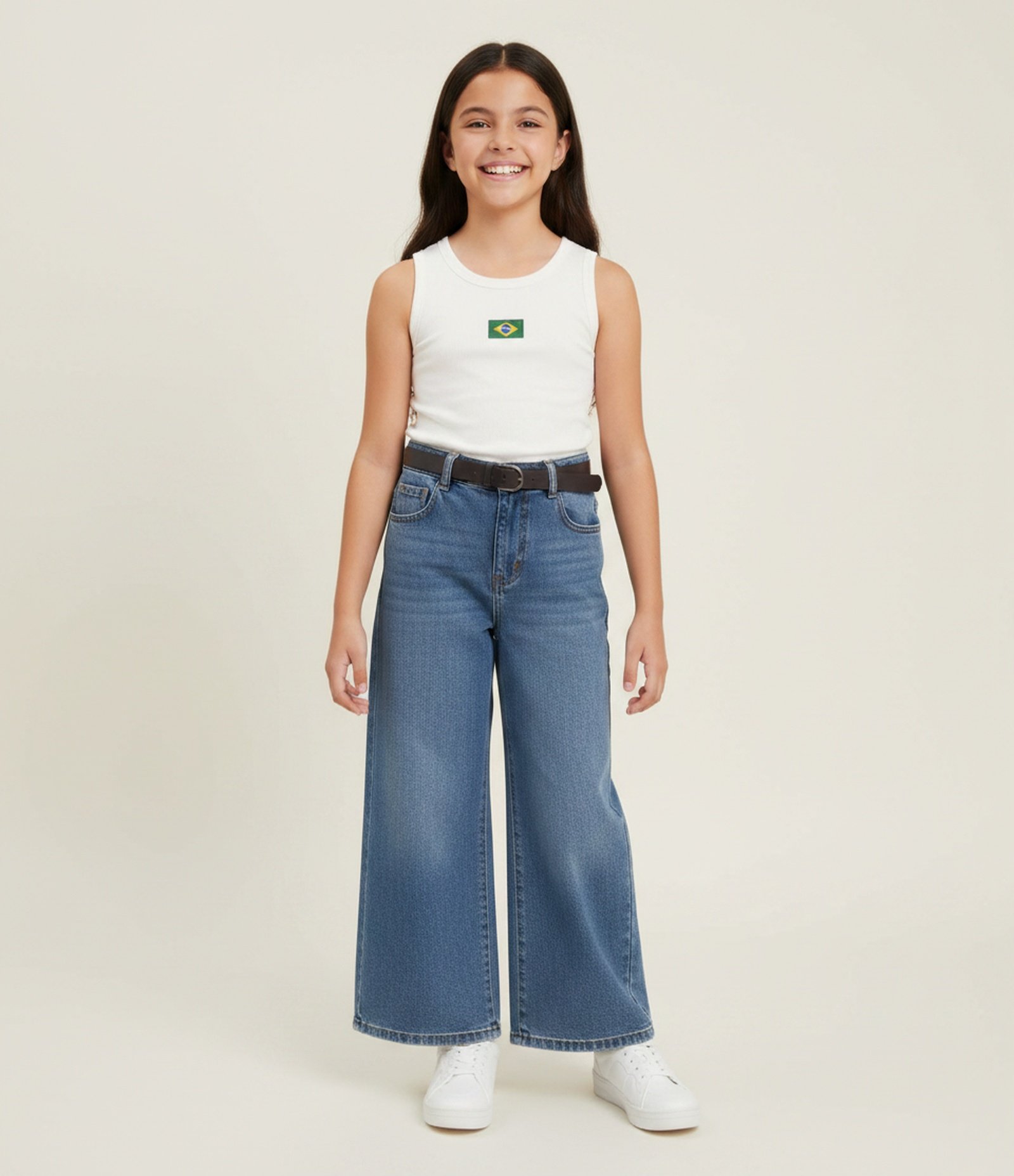 Calça Infantil Wide Leg em Jeans com Cinto – Tam 5 a 16 Anos Azul 1