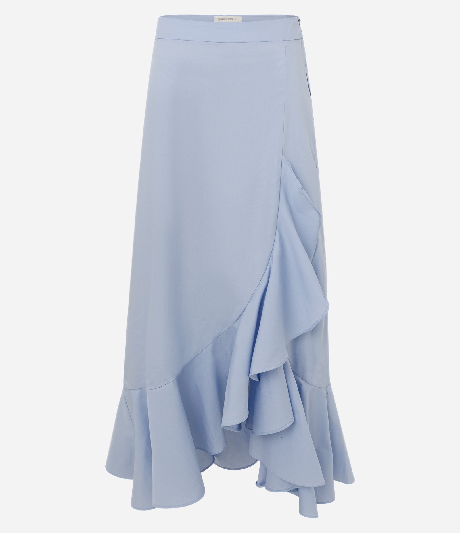 Saia Midi Com Fenda Lateral com Aplicação de Babado Godê Azul 5