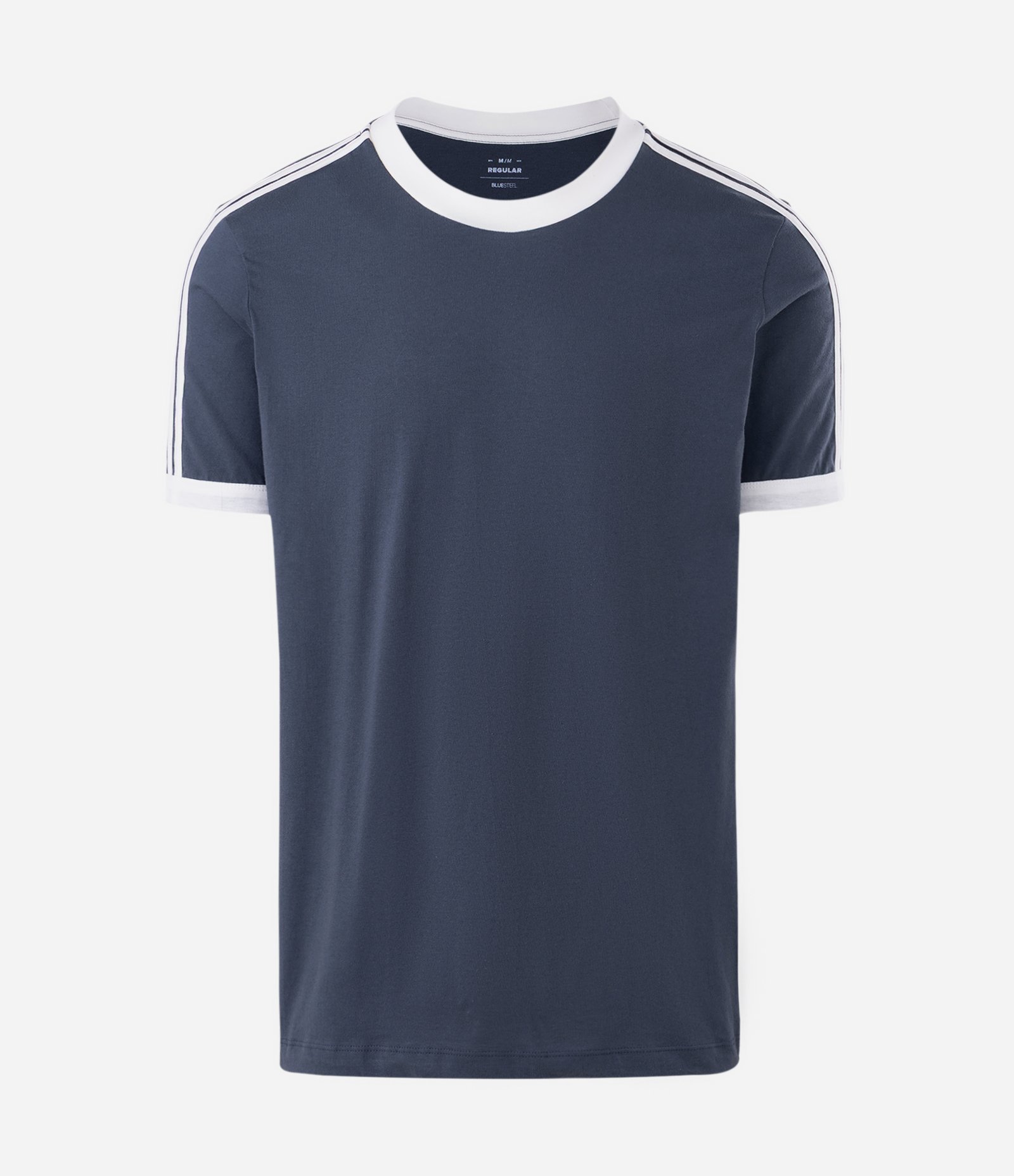 Camiseta Regular em Algodão com Listras nos Ombros Azul Escuro 2