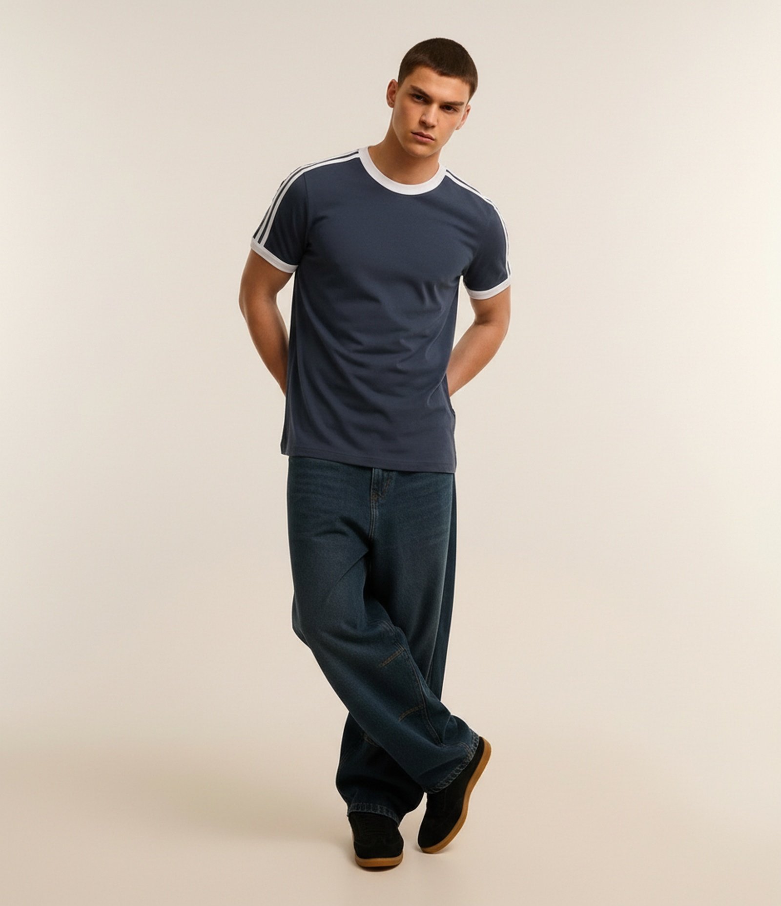 Camiseta Regular em Algodão com Listras nos Ombros Azul Escuro 1